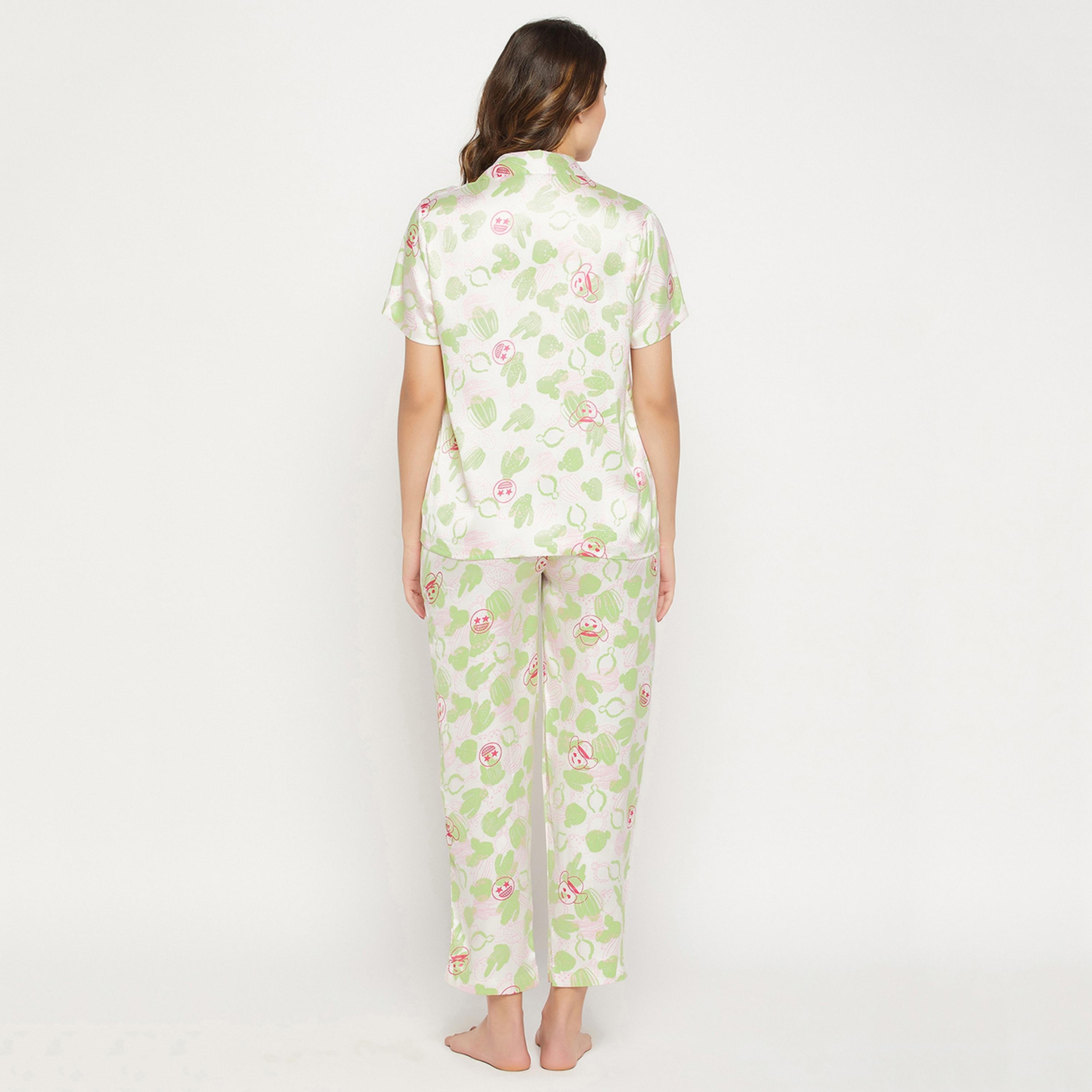 Clovia Cactus Print Button Down Women's Shirt & Pyjama Set in White - Satin-women-clothing-nightwear-pyjamas-longsets-image-4