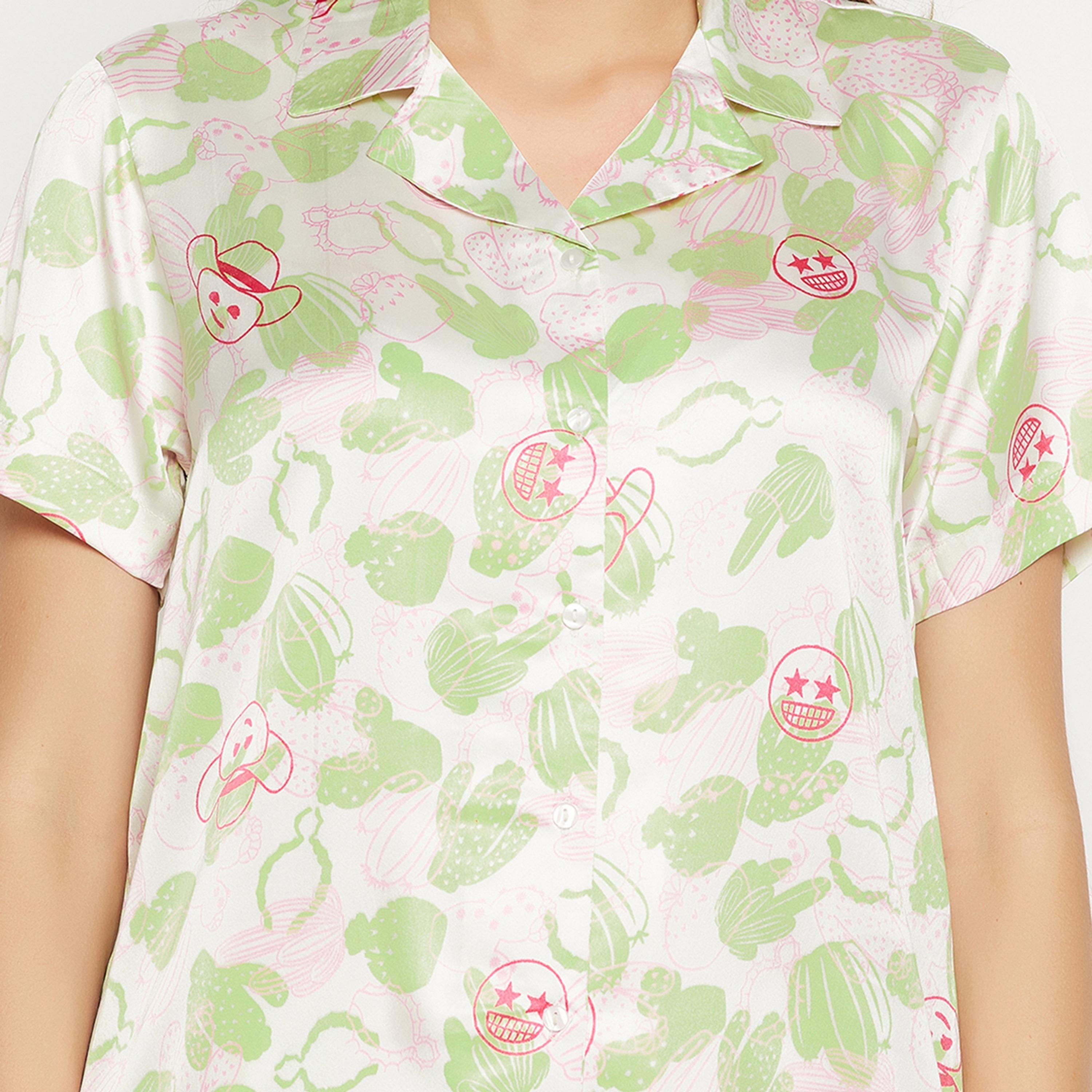 Clovia Cactus Print Button Down Women's Shirt & Pyjama Set in White - Satin-women-clothing-nightwear-pyjamas-longsets-image-5