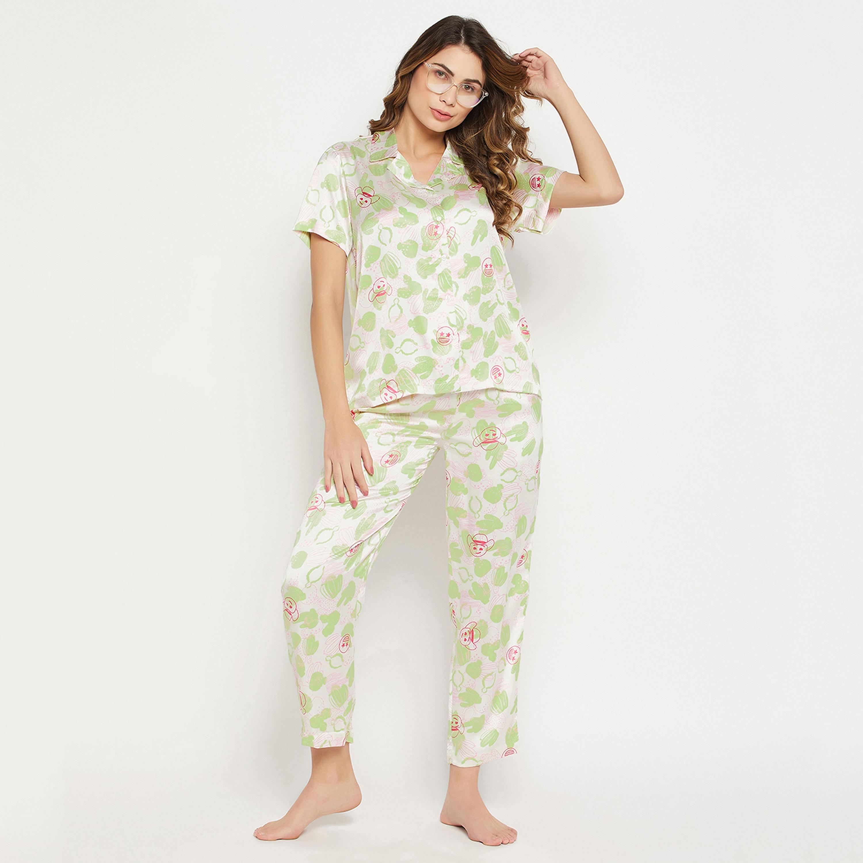 Clovia Cactus Print Button Down Women's Shirt & Pyjama Set in White - Satin-women-clothing-nightwear-pyjamas-longsets-image-7