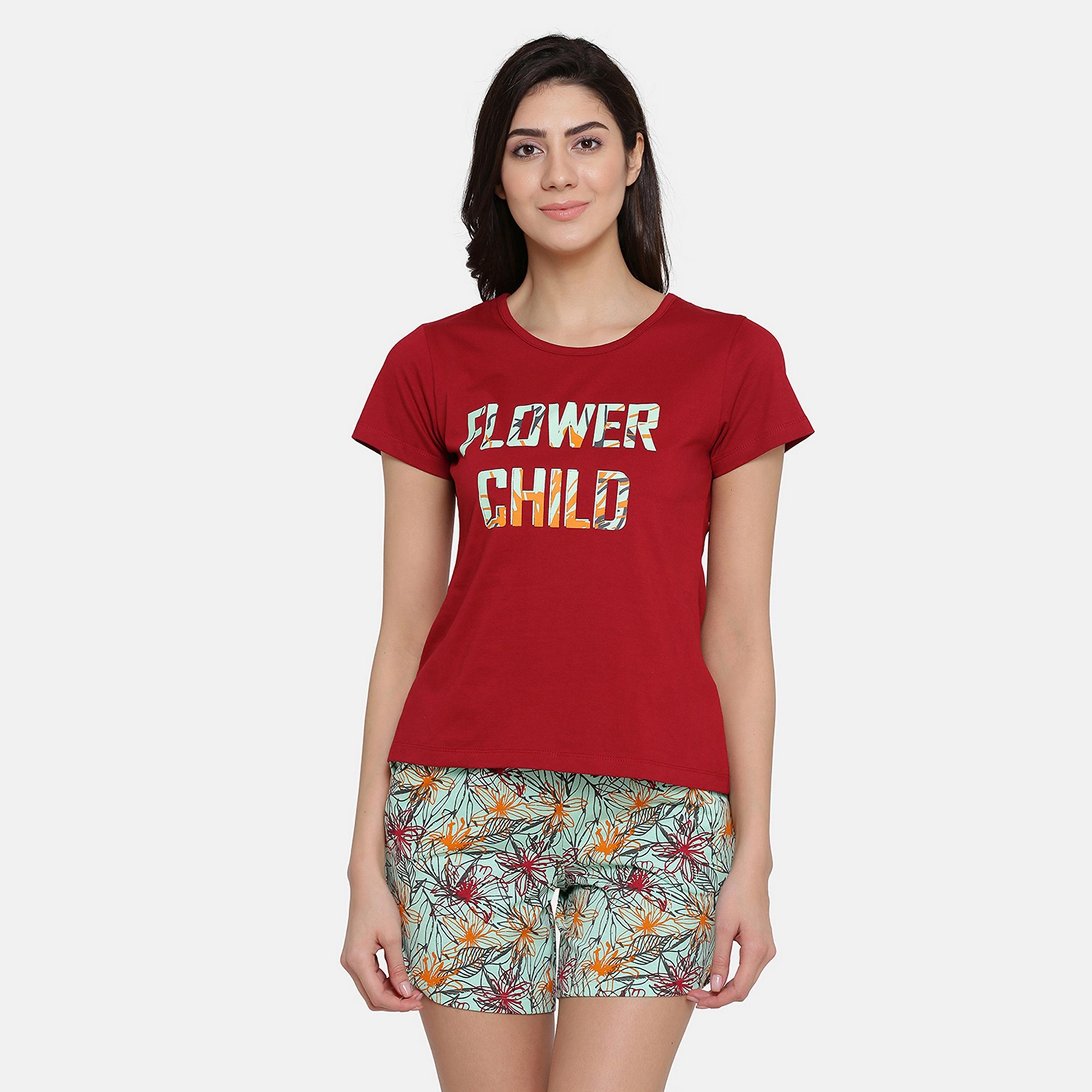 Clovia Women's Pretty Floral Top & Shorts Set in Maroon & Green-Cotton Rich-women-clothing-nightwear-pyjamas-longsets-image-1