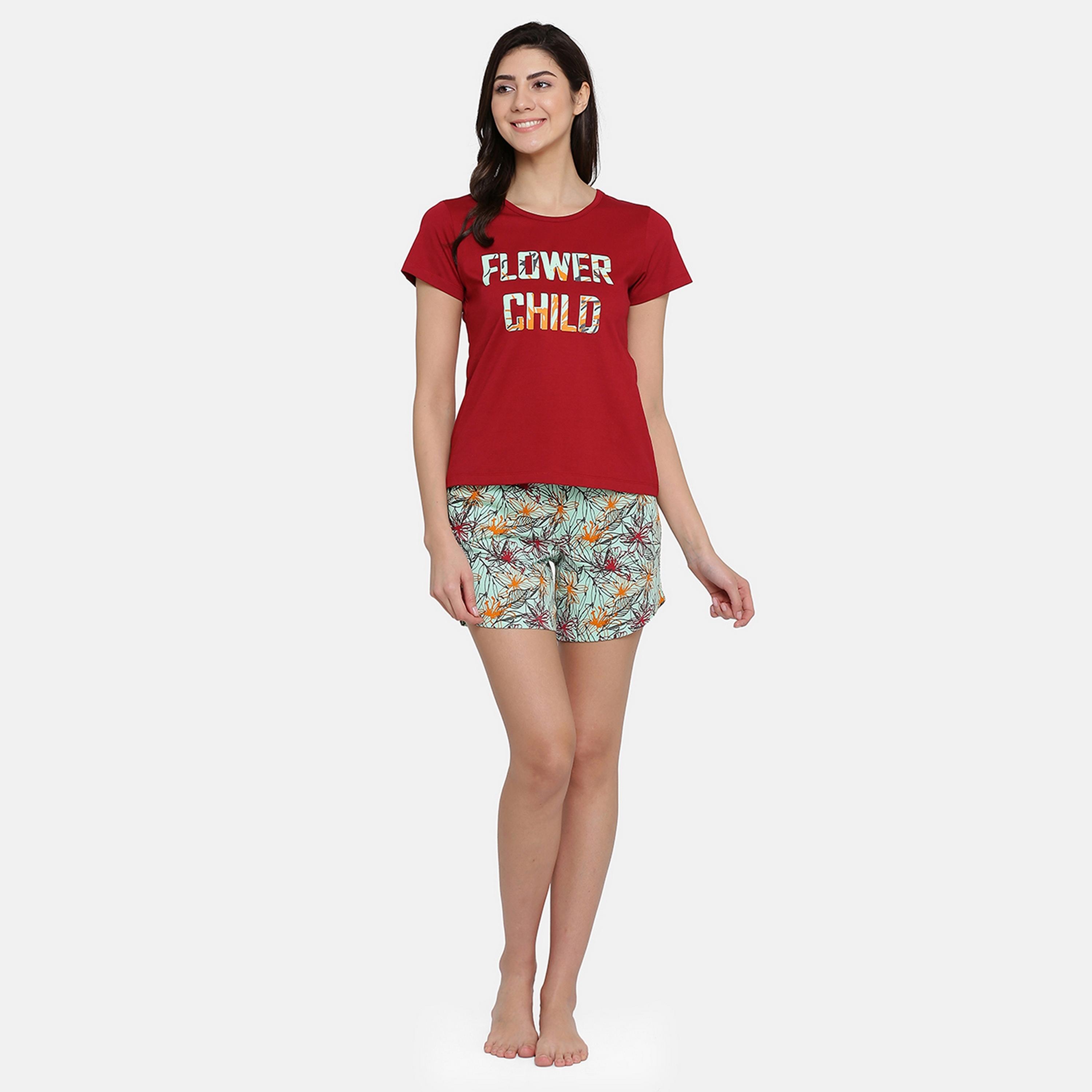Clovia Women's Pretty Floral Top & Shorts Set in Maroon & Green-Cotton Rich-women-clothing-nightwear-pyjamas-longsets-image-2