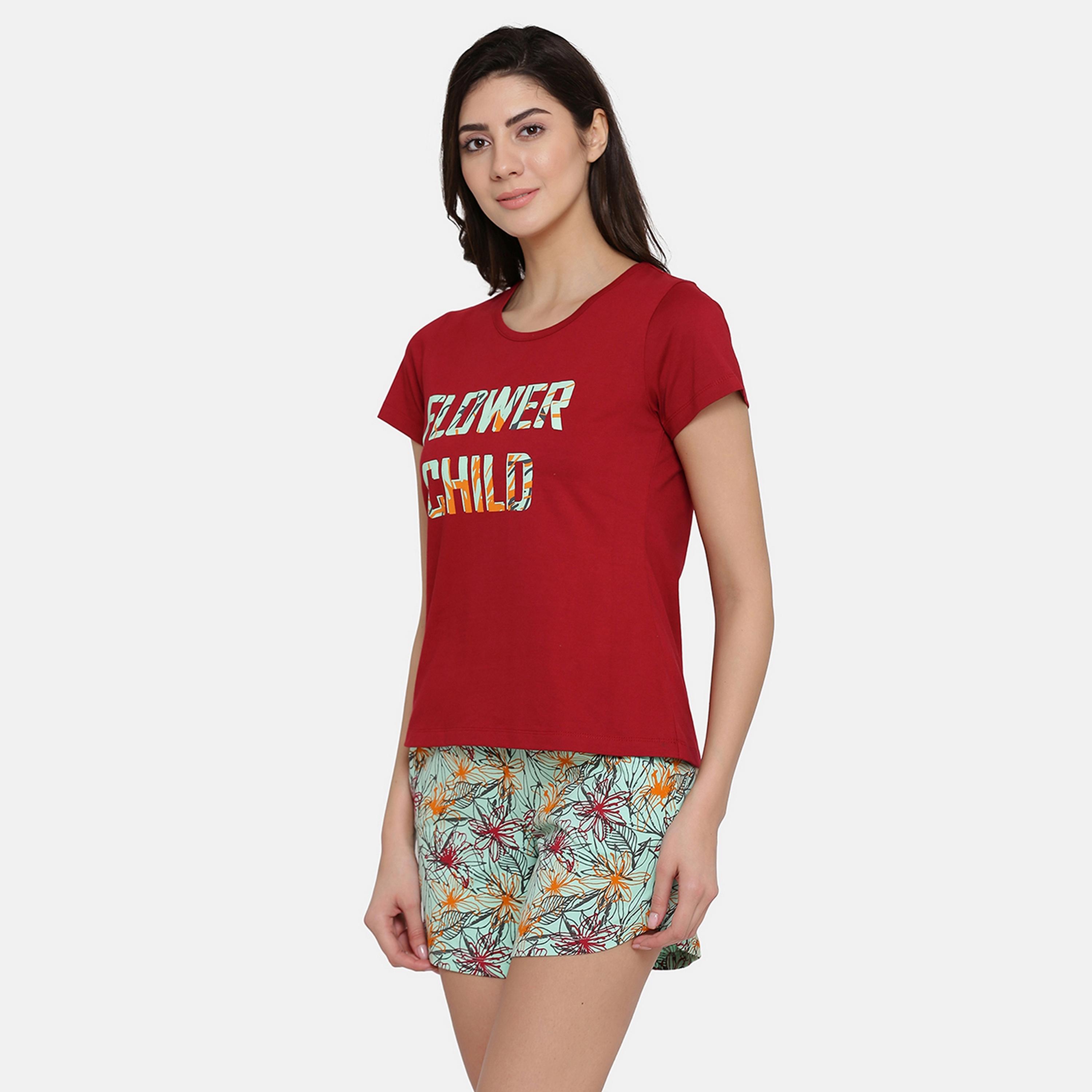 Clovia Women's Pretty Floral Top & Shorts Set in Maroon & Green-Cotton Rich-women-clothing-nightwear-pyjamas-longsets-image-3