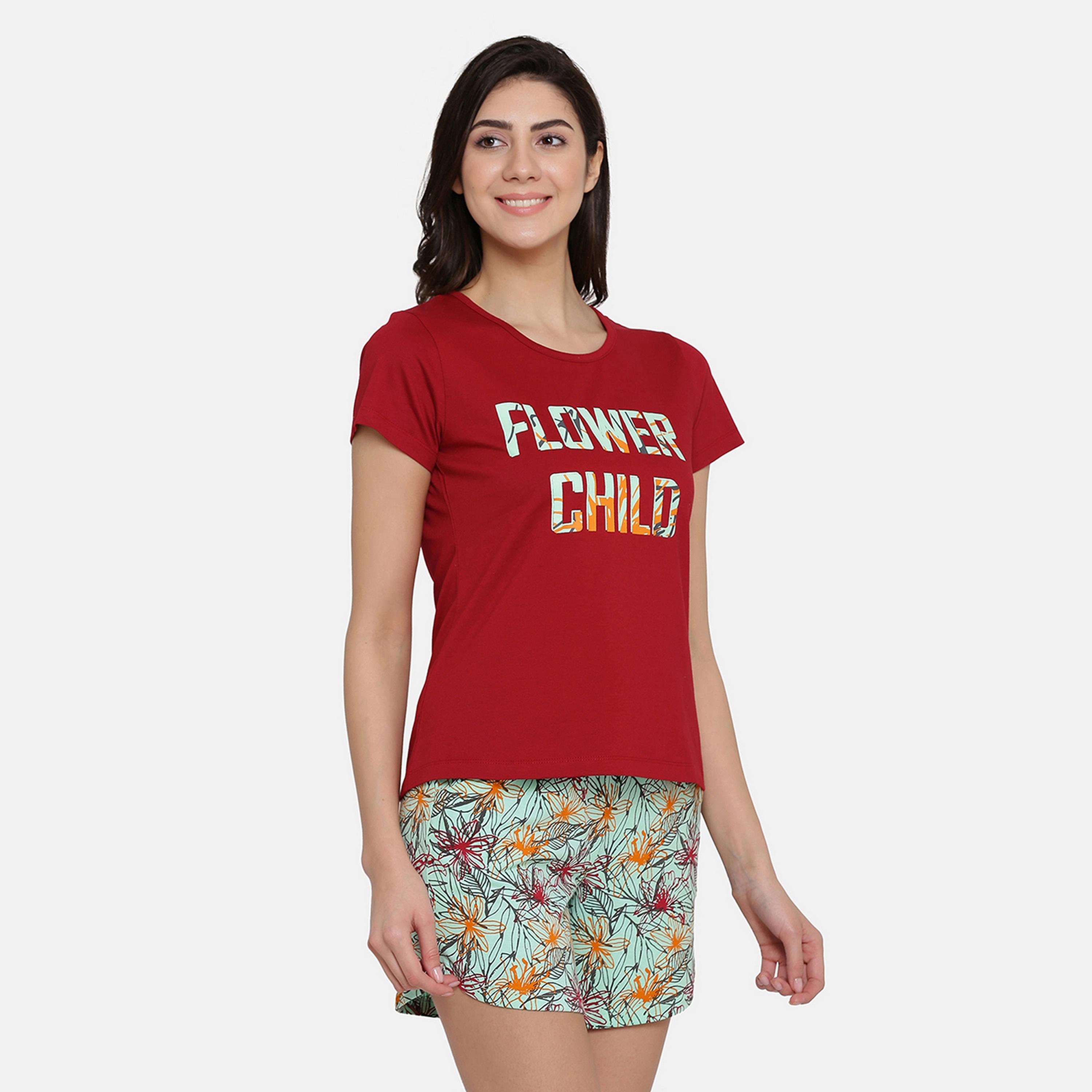 Clovia Women's Pretty Floral Top & Shorts Set in Maroon & Green-Cotton Rich-women-clothing-nightwear-pyjamas-longsets-image-4
