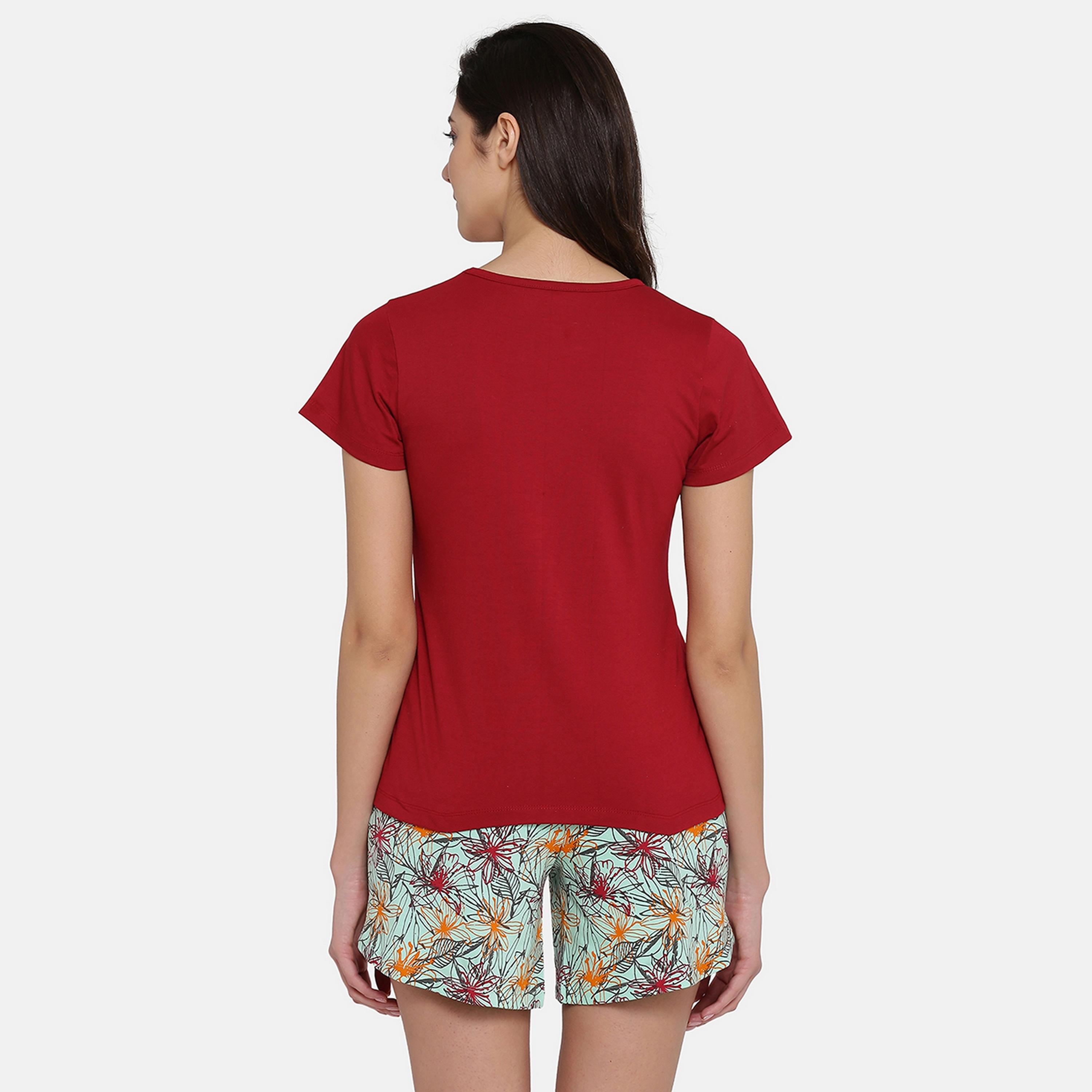 Clovia Women's Pretty Floral Top & Shorts Set in Maroon & Green-Cotton Rich-women-clothing-nightwear-pyjamas-longsets-image-5