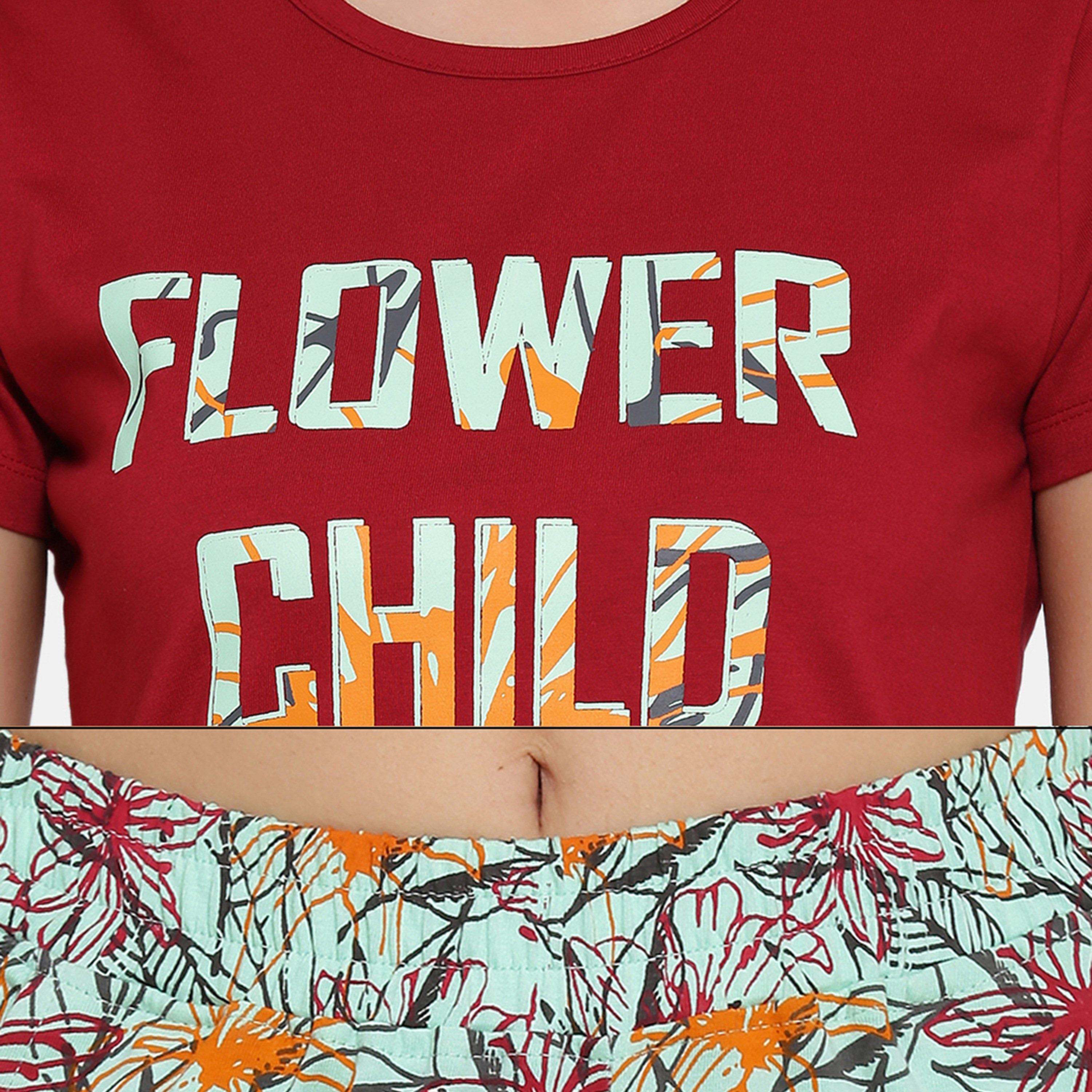 Clovia Women's Pretty Floral Top & Shorts Set in Maroon & Green-Cotton Rich-women-clothing-nightwear-pyjamas-longsets-image-6