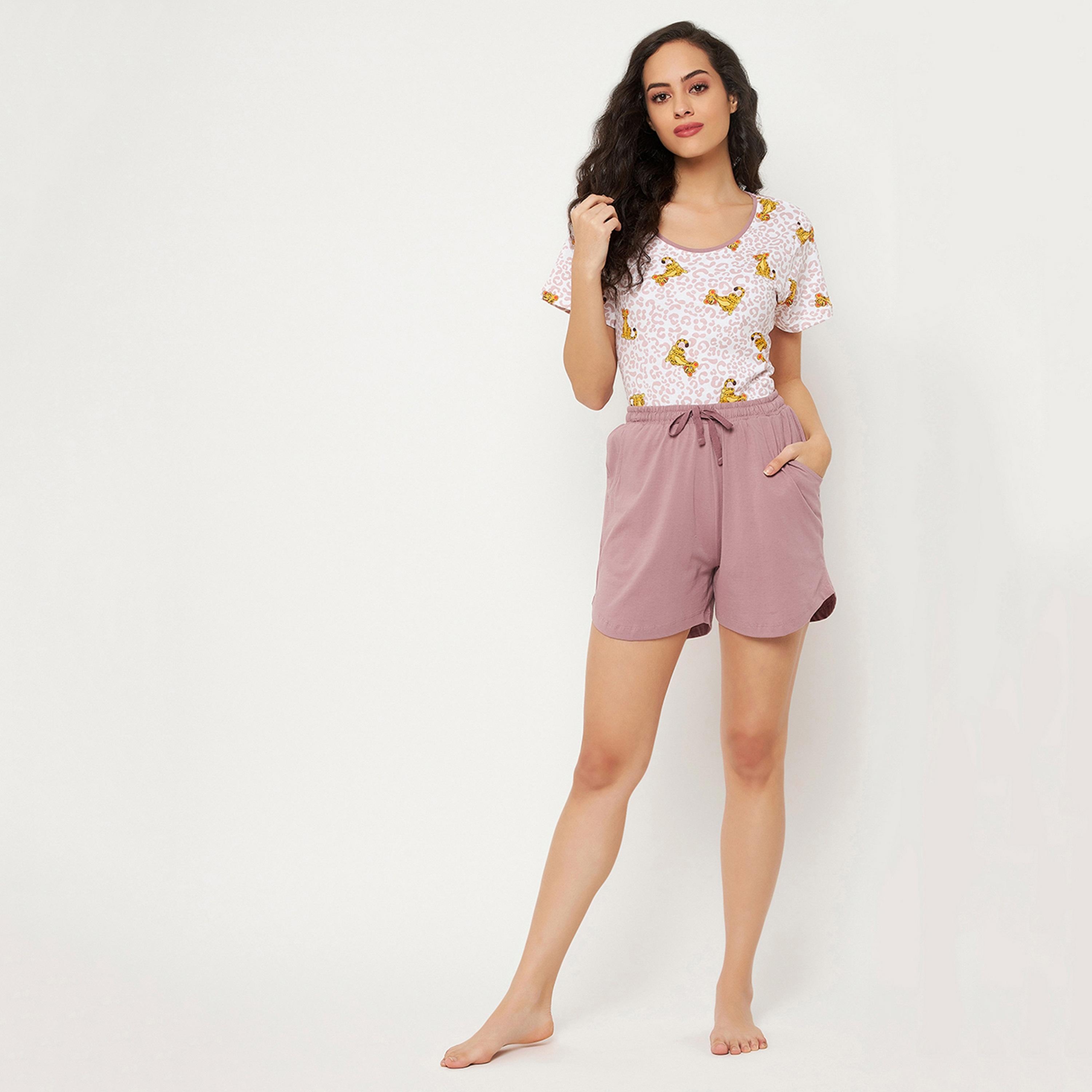Clovia Women's Leopard Print Top & Chic Basic Shorts Set in White & Mauve- Pure Cotton-women-clothing-nightwear-pyjamas-longsets-image-2