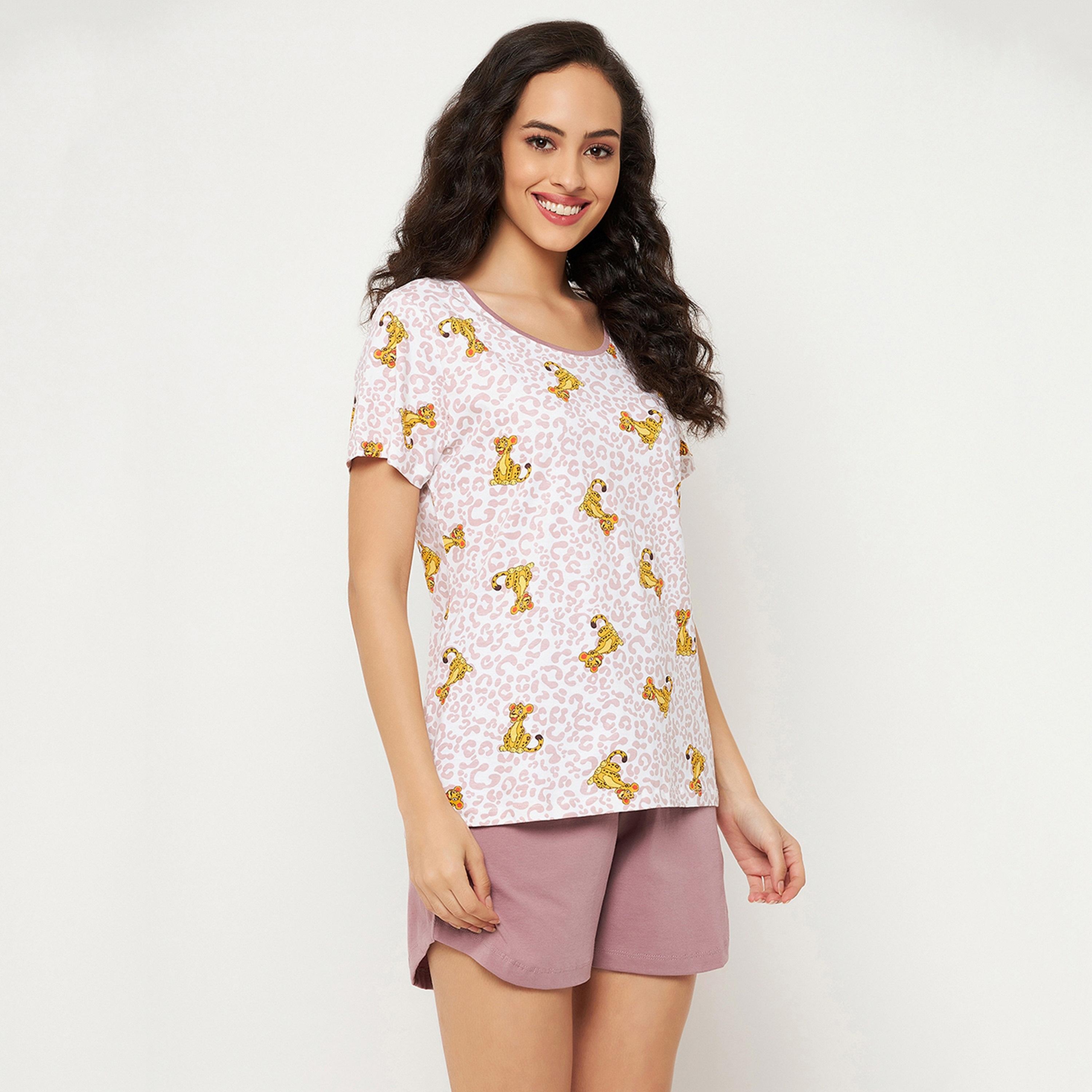 Clovia Women's Leopard Print Top & Chic Basic Shorts Set in White & Mauve- Pure Cotton-women-clothing-nightwear-pyjamas-longsets-image-4