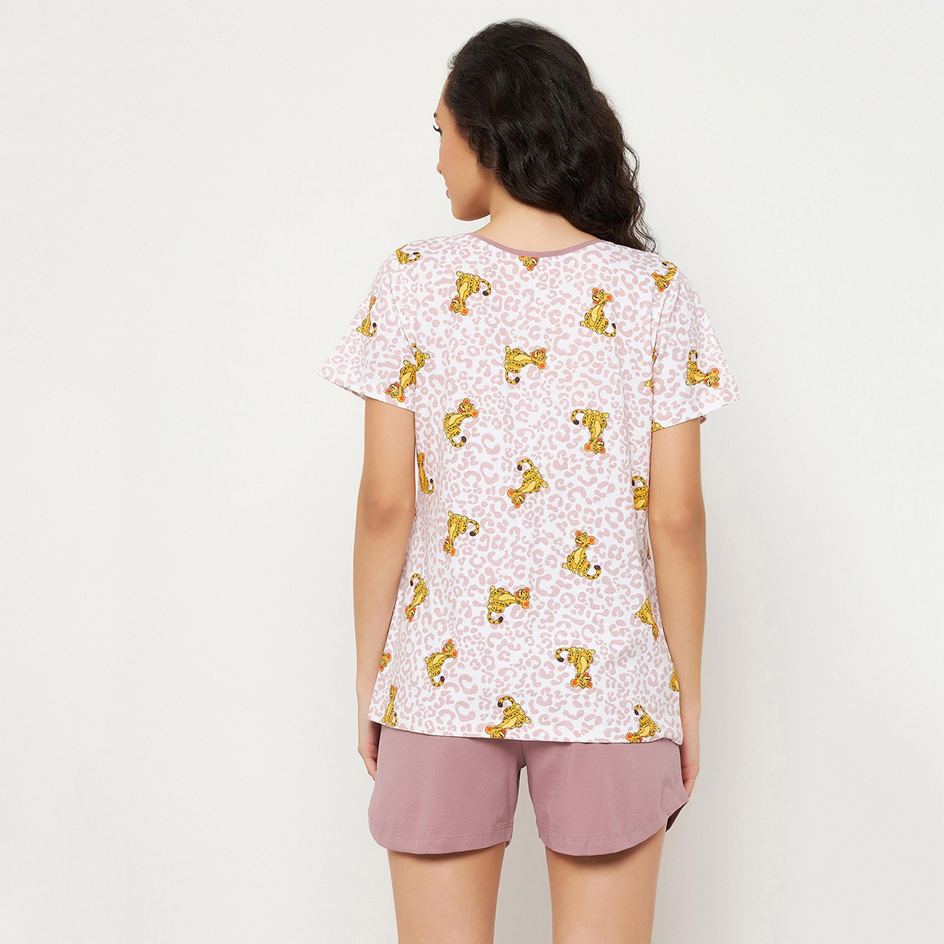 Clovia Women's Leopard Print Top & Chic Basic Shorts Set in White & Mauve- Pure Cotton-women-clothing-nightwear-pyjamas-longsets-image-5