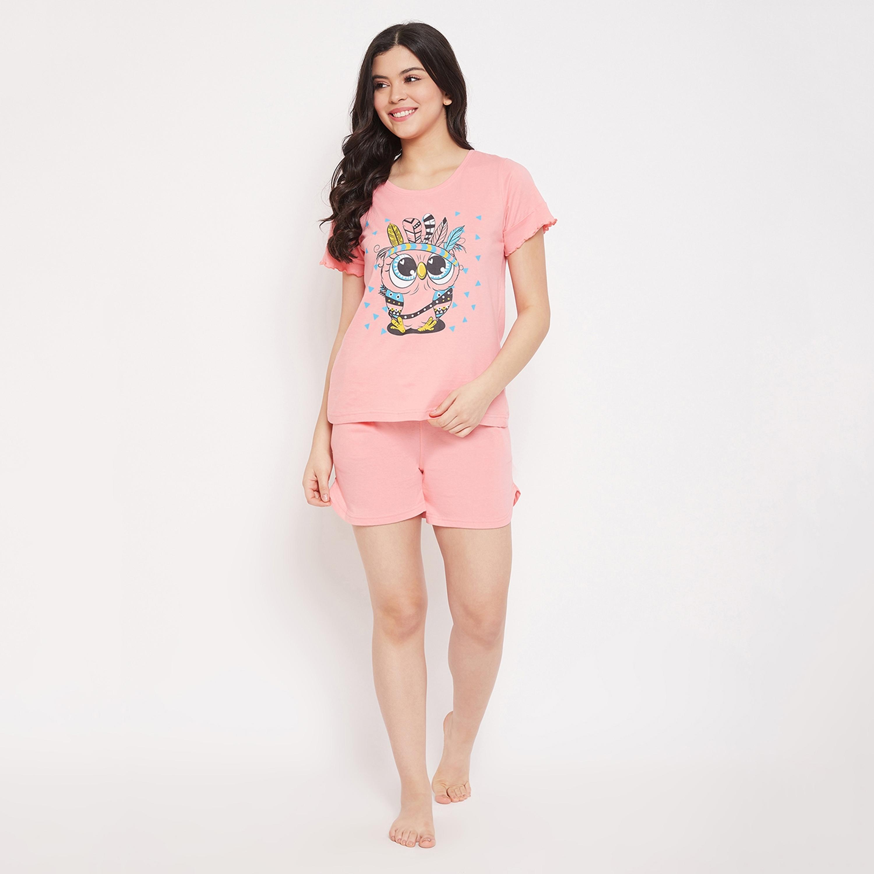 Clovia Set of Graphic Round Neck T-Shirt with Shorts-women-clothing-nightwear-pyjamas-longsets-image-3