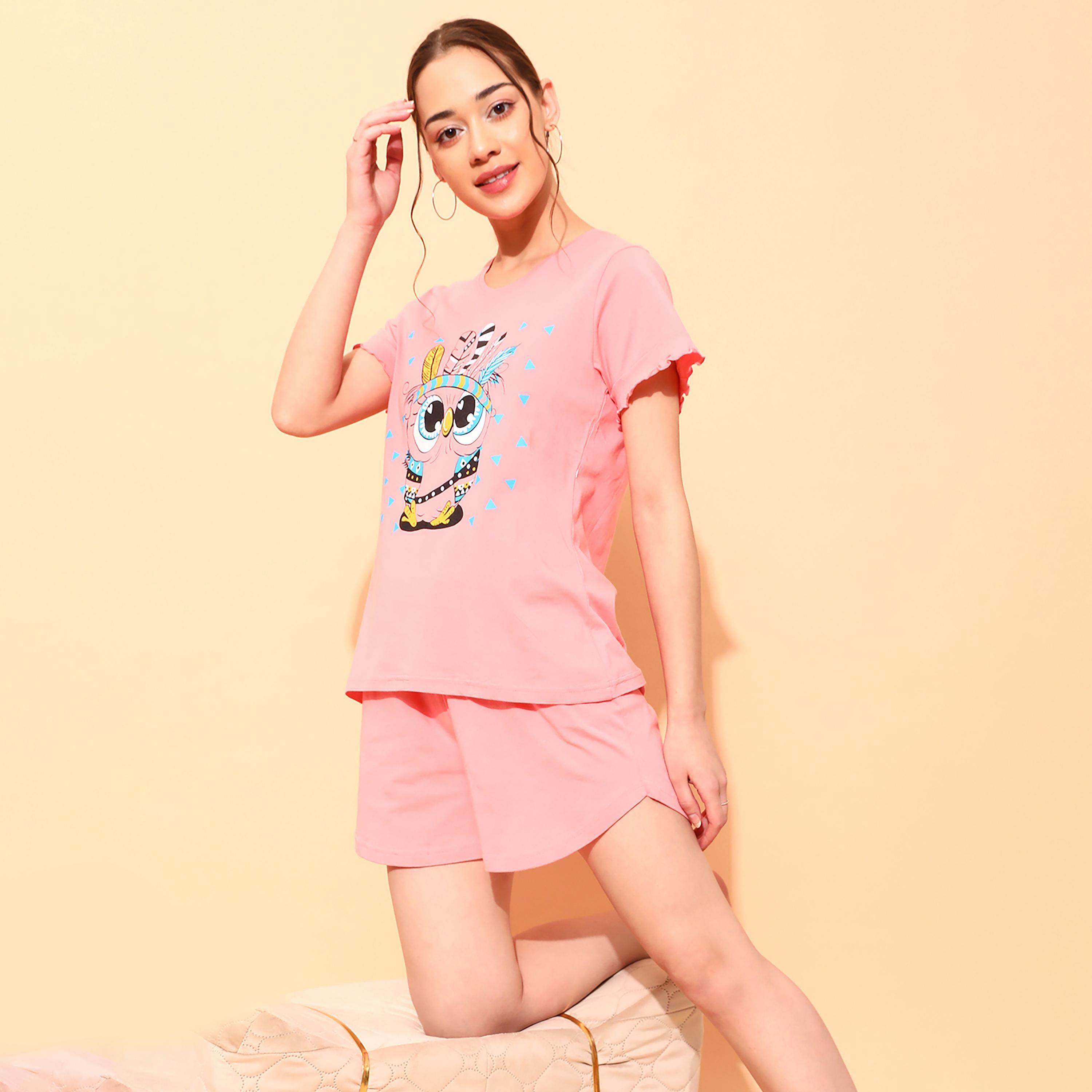 Clovia Set of Graphic Round Neck T-Shirt with Shorts-women-clothing-nightwear-pyjamas-longsets-image-1
