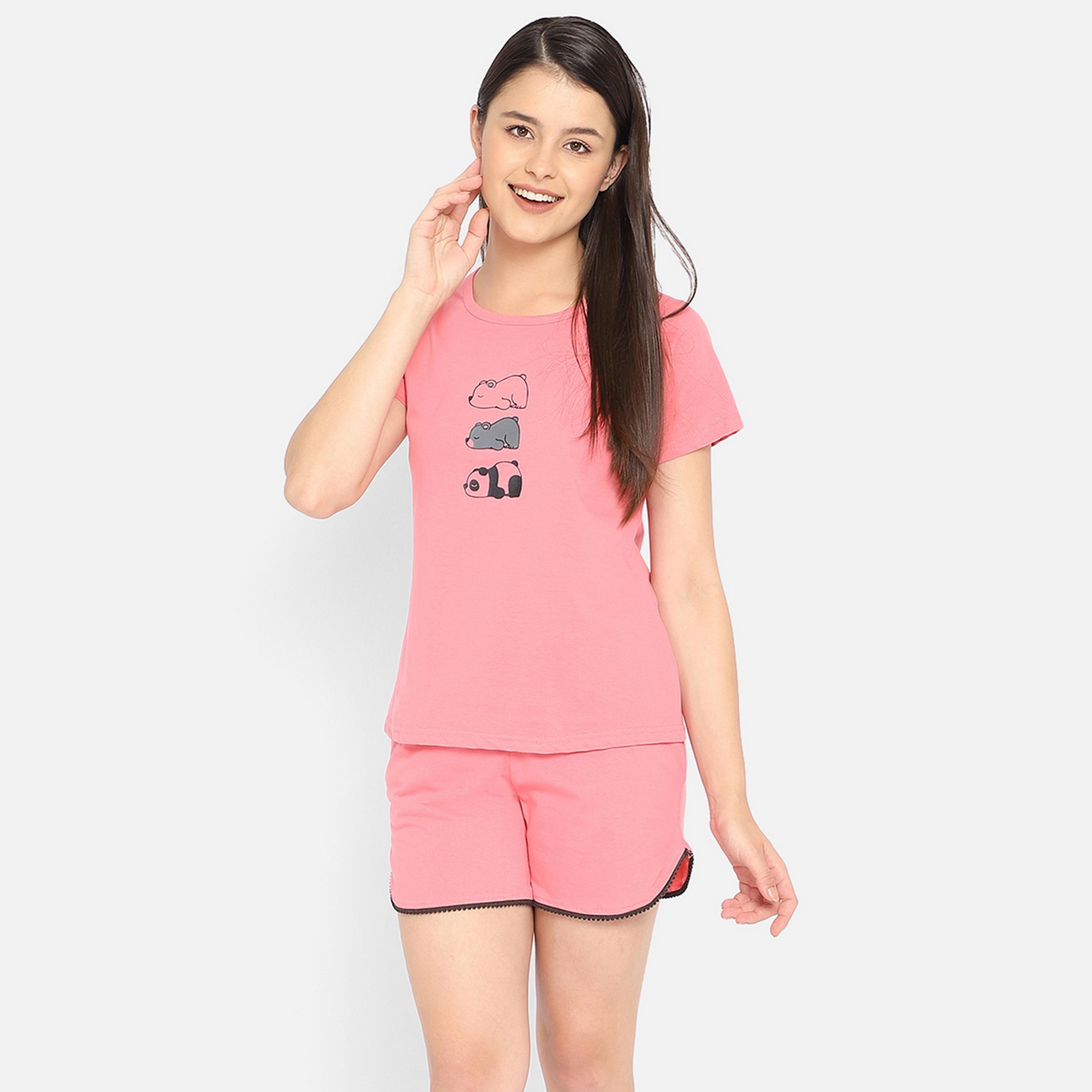 Clovia Women's Graphic Print Top & Short Set in Coral Pink - Pure Cotton-women-clothing-nightwear-pyjamas-longsets-image-1