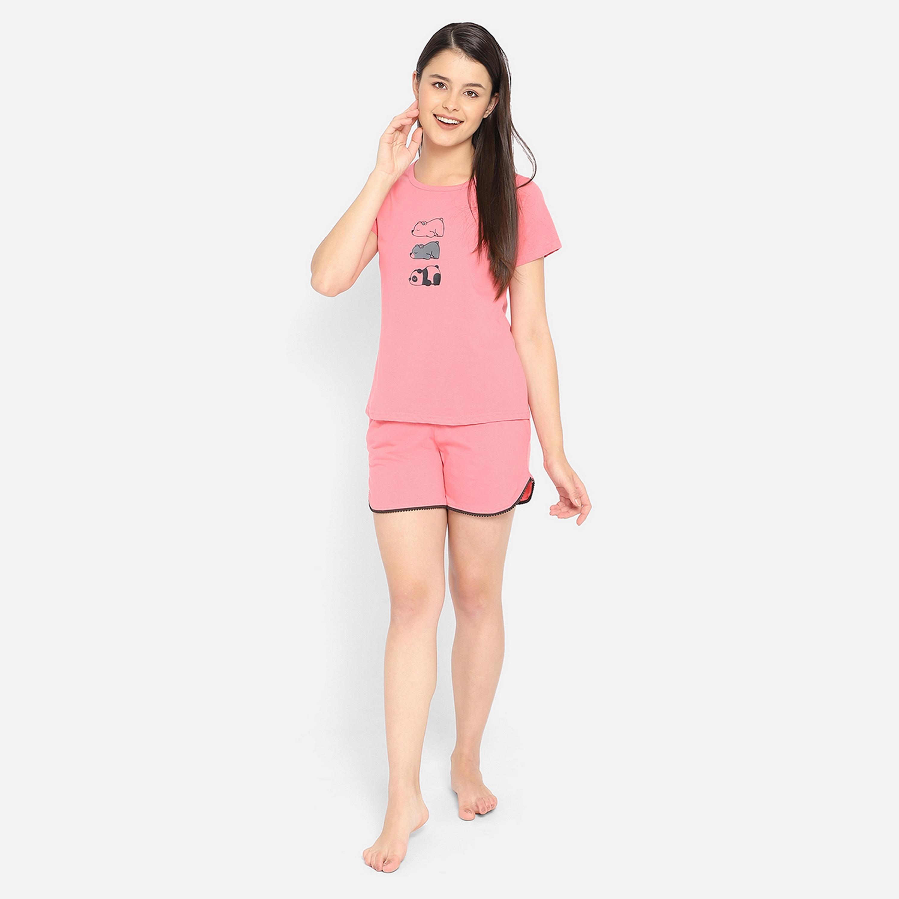 Clovia Women's Graphic Print Top & Short Set in Coral Pink - Pure Cotton-women-clothing-nightwear-pyjamas-longsets-image-2