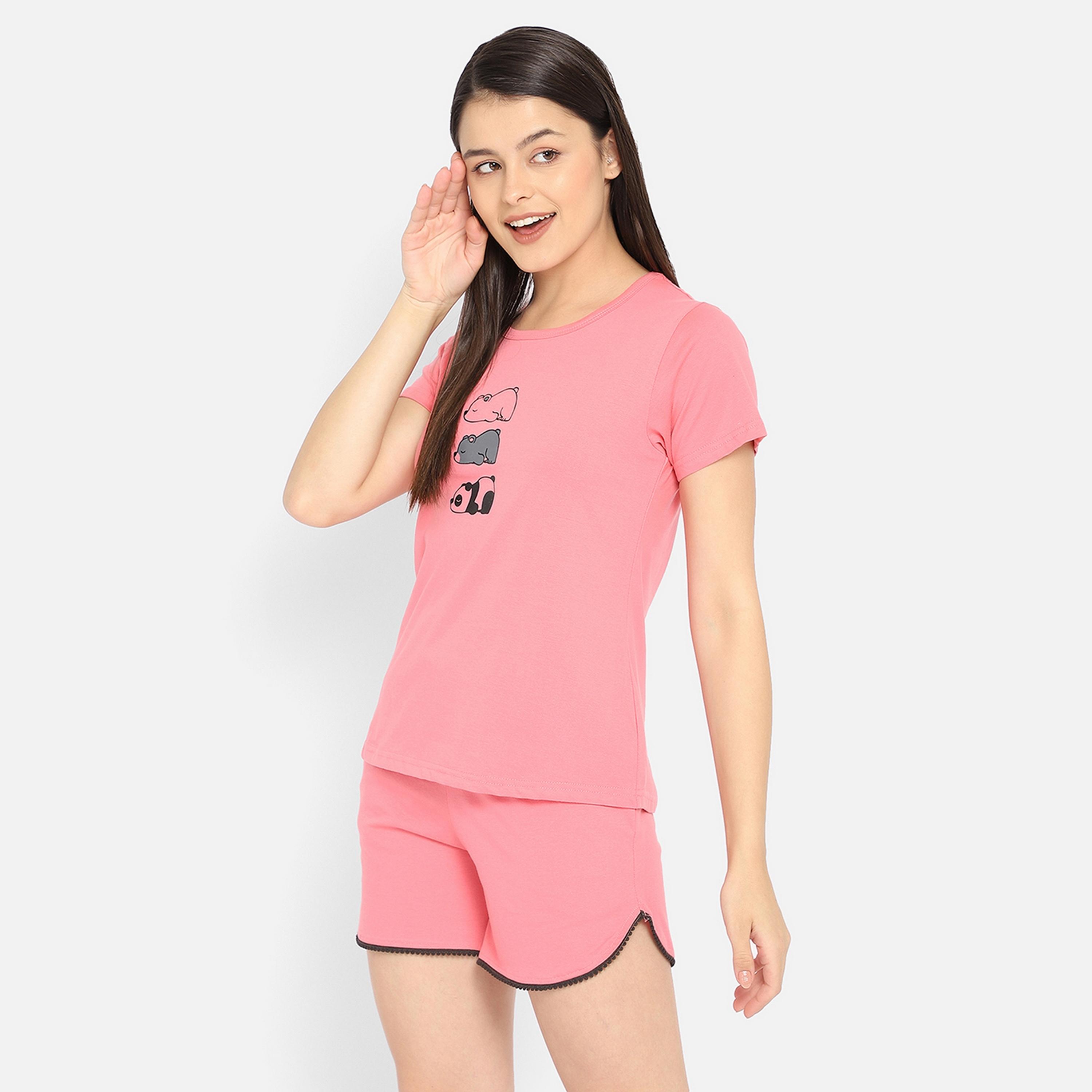 Clovia Women's Graphic Print Top & Short Set in Coral Pink - Pure Cotton-women-clothing-nightwear-pyjamas-longsets-image-3