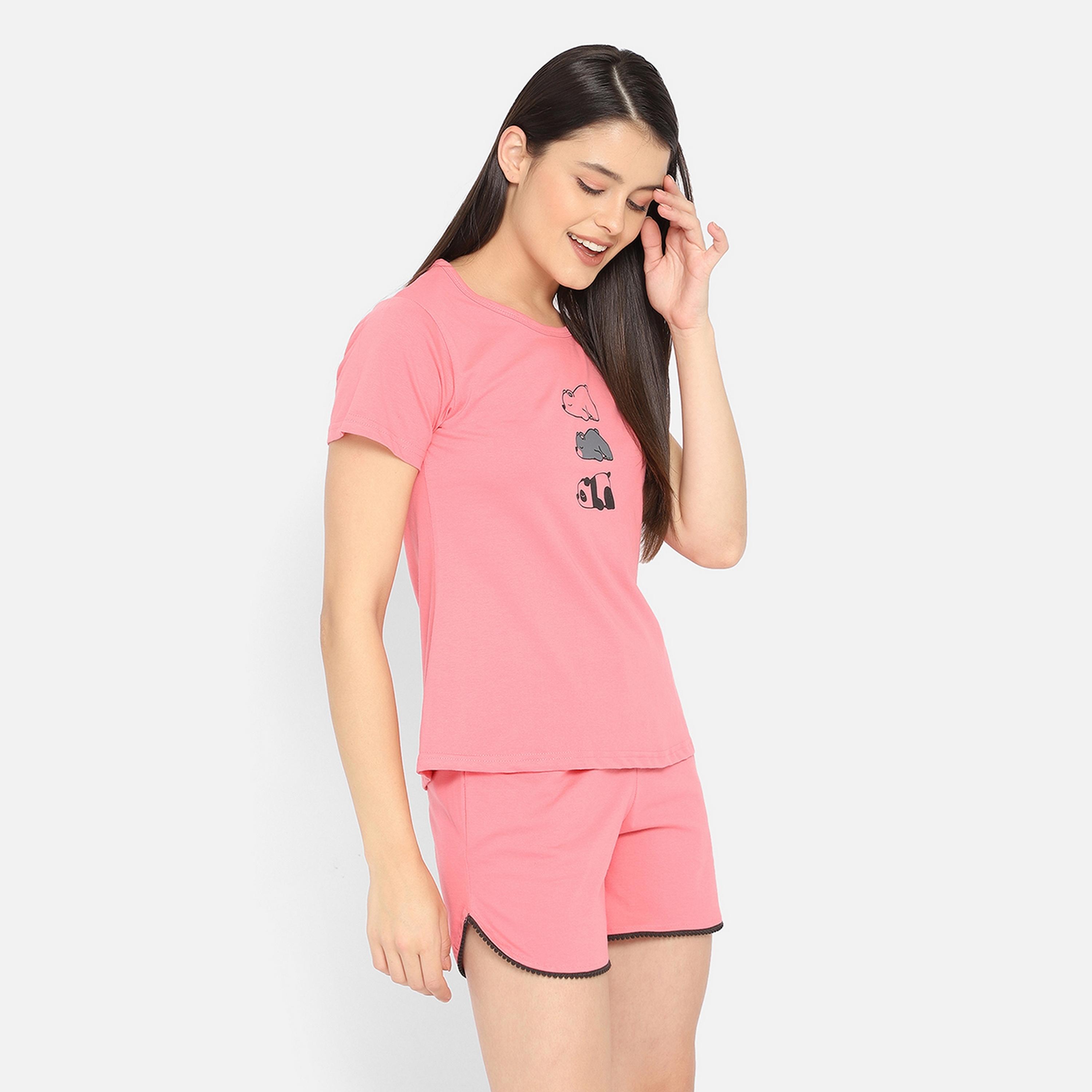 Clovia Women's Graphic Print Top & Short Set in Coral Pink - Pure Cotton-women-clothing-nightwear-pyjamas-longsets-image-4