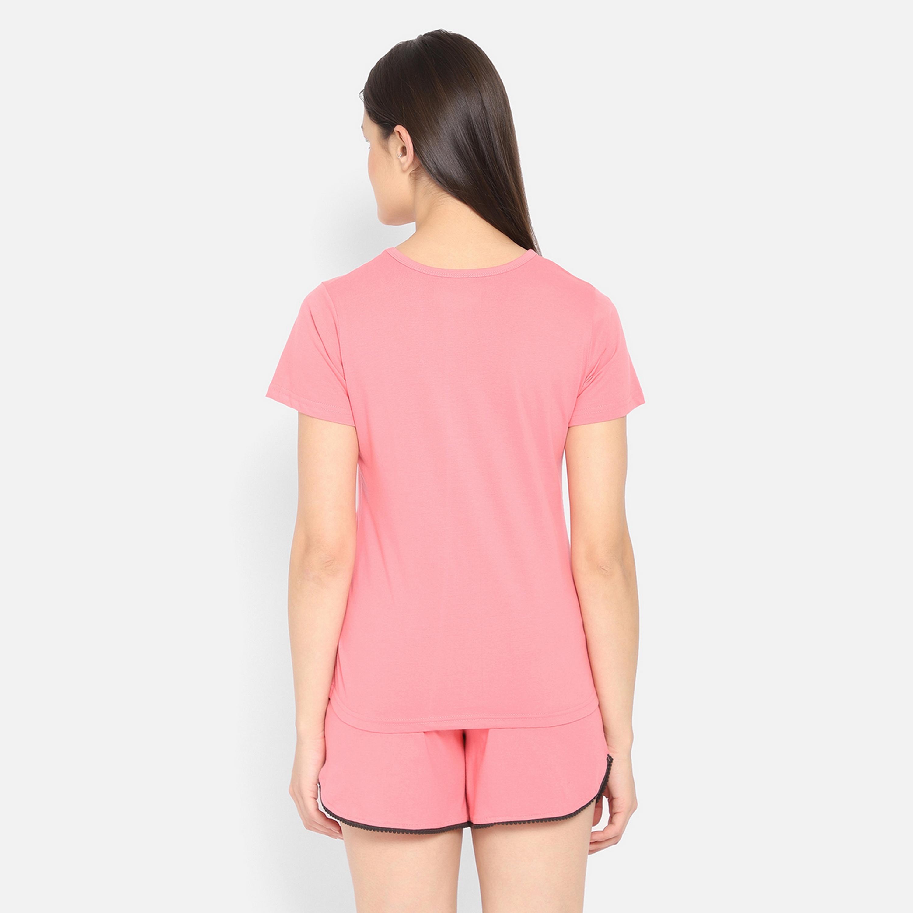 Clovia Women's Graphic Print Top & Short Set in Coral Pink - Pure Cotton-women-clothing-nightwear-pyjamas-longsets-image-5