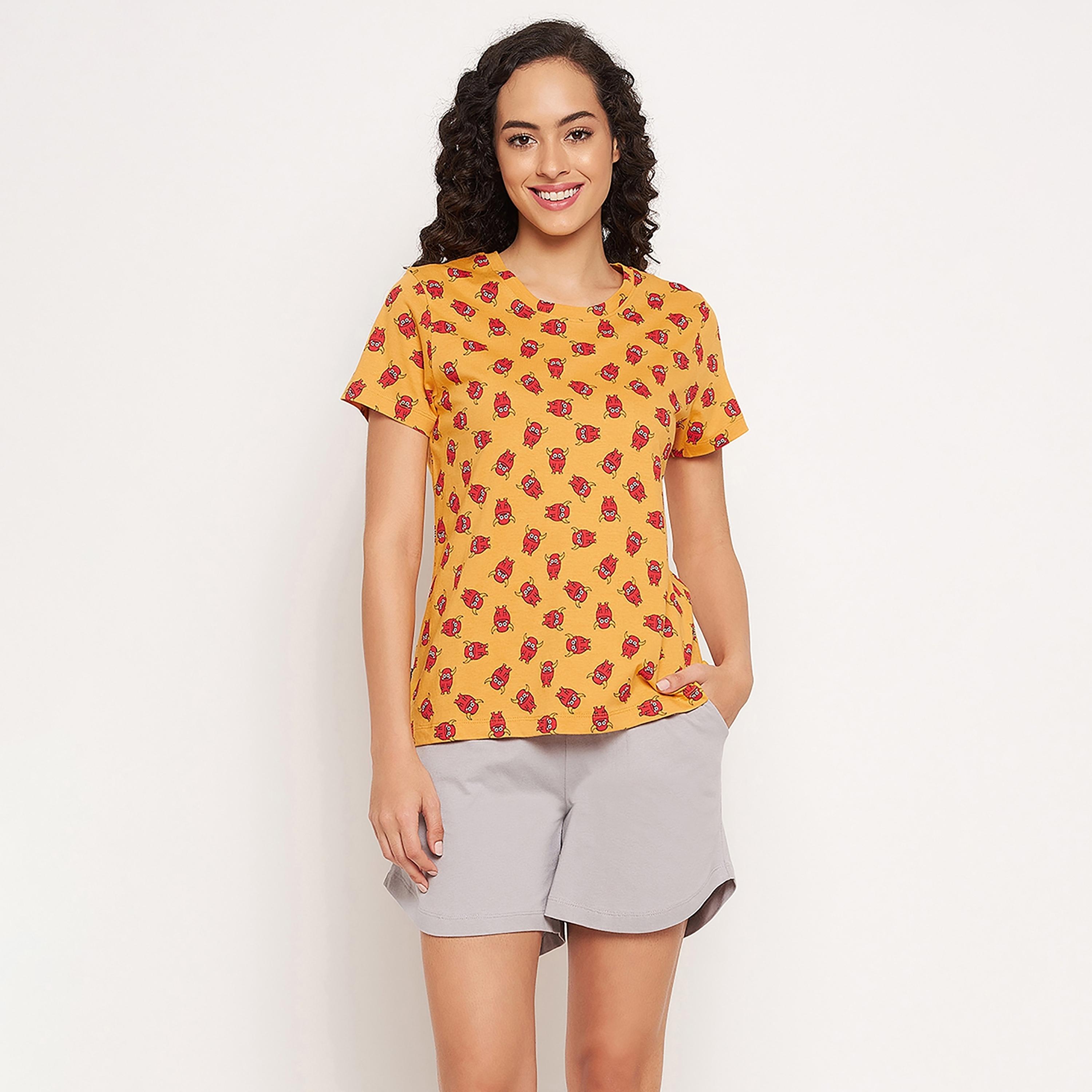 Clovia Set of Printed Round Neck T-Shirt with Shorts-women-clothing-nightwear-pyjamas-longsets-image-2