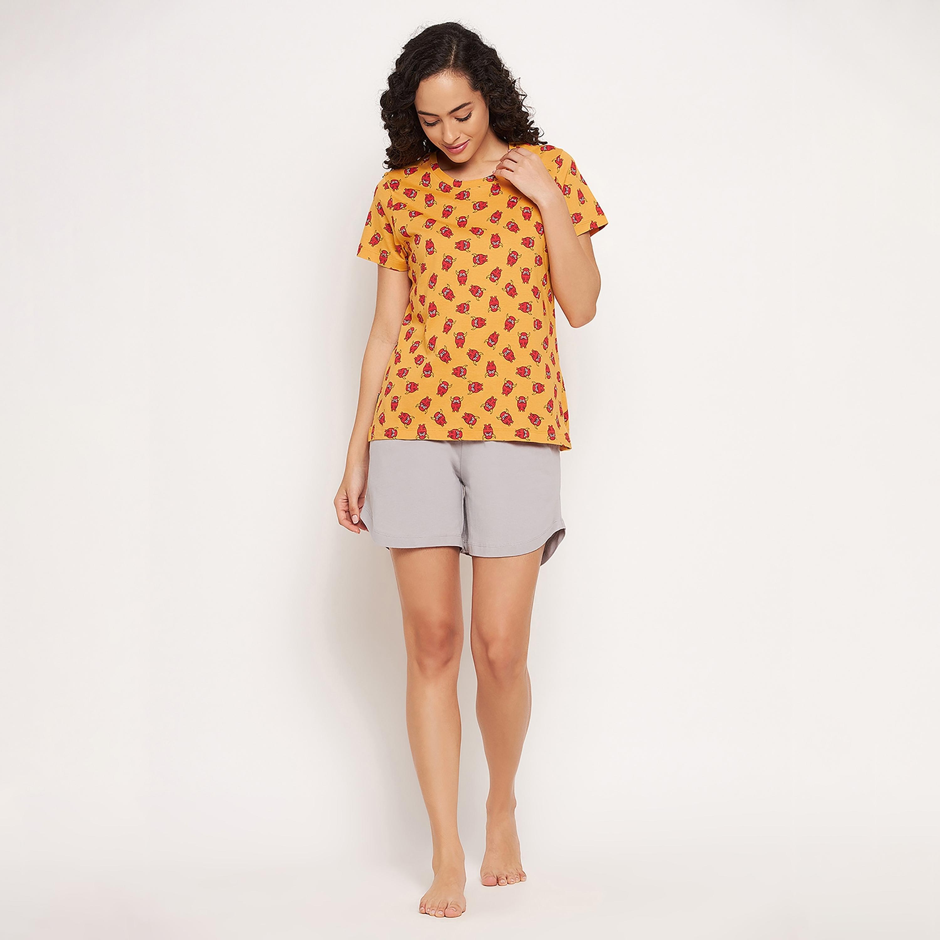 Clovia Set of Printed Round Neck T-Shirt with Shorts-women-clothing-nightwear-pyjamas-longsets-image-3