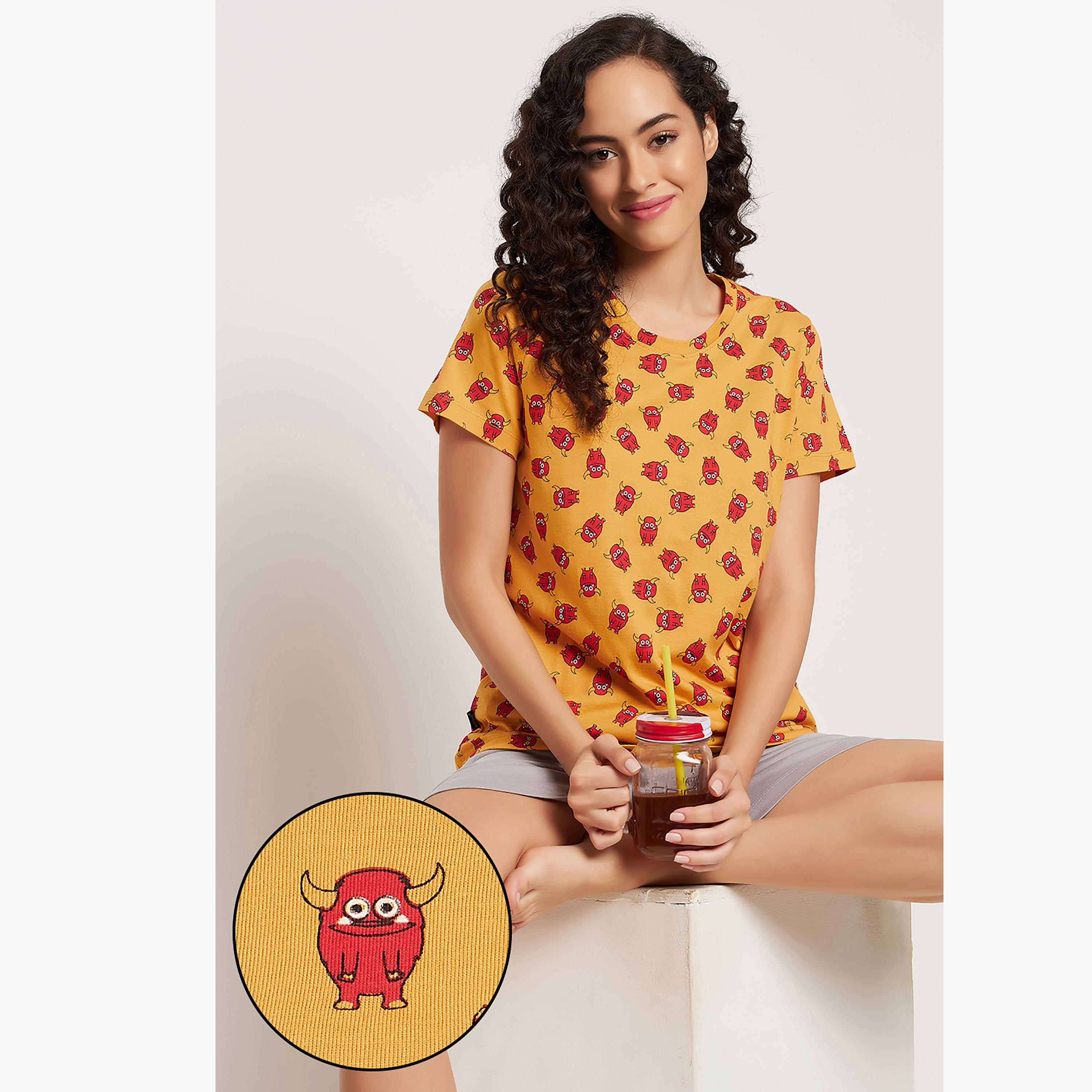 Clovia Set of Printed Round Neck T-Shirt with Shorts-women-clothing-nightwear-pyjamas-longsets-image-1
