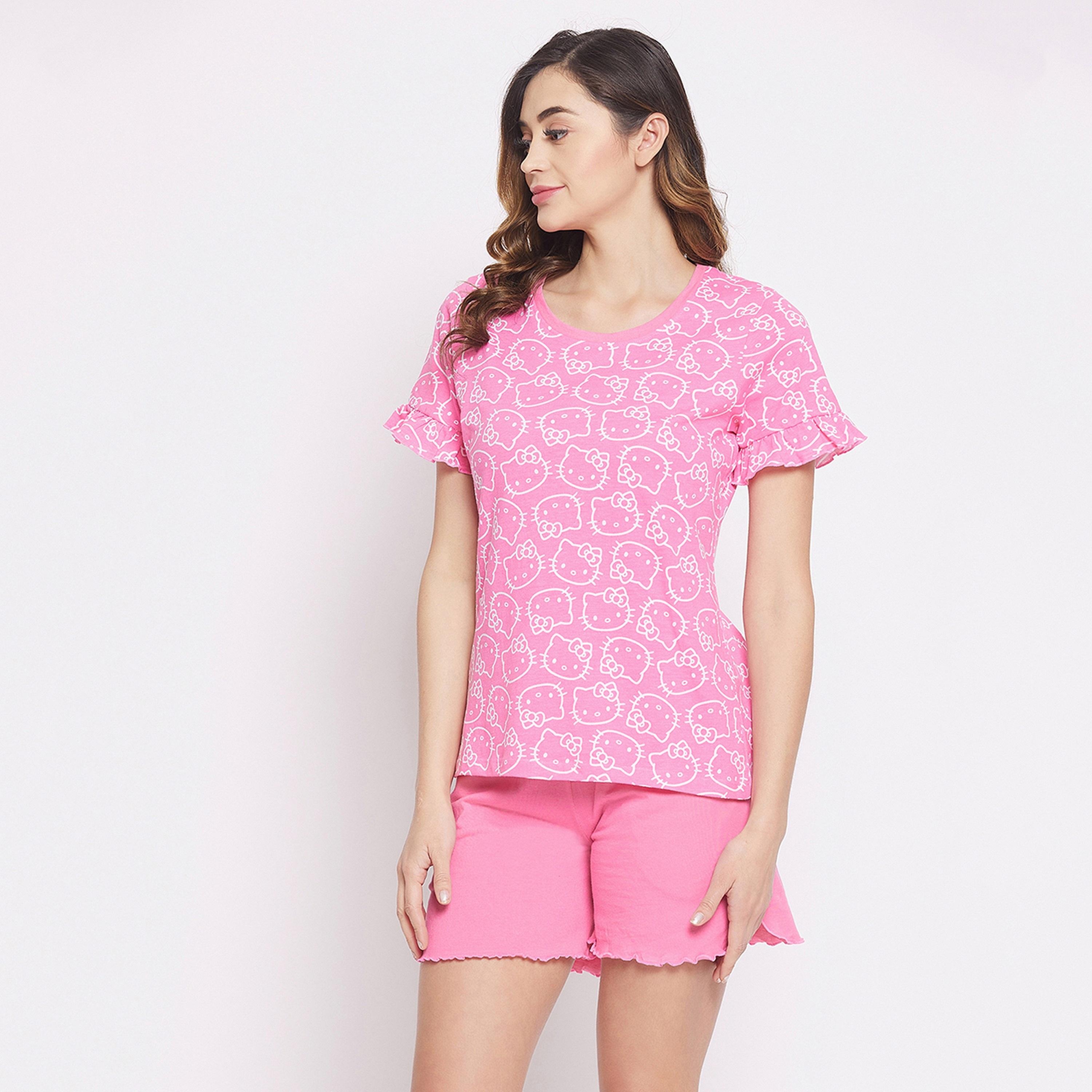 Clovia Women's Hello Kitty Print Top & Solid Shorts Set in Pink - Pure Cotton-women-clothing-nightwear-pyjamas-longsets-image-3