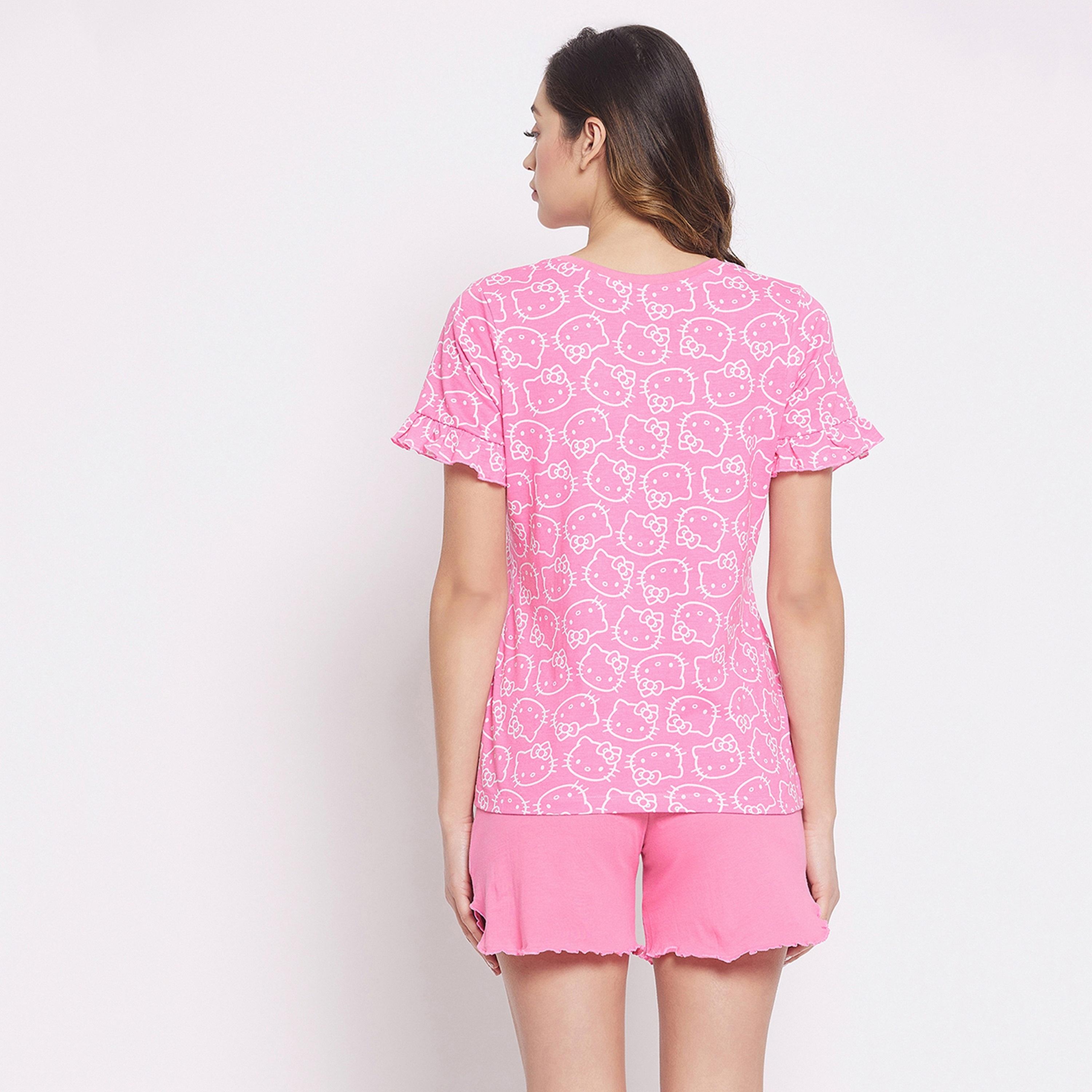 Clovia Women's Hello Kitty Print Top & Solid Shorts Set in Pink - Pure Cotton-women-clothing-nightwear-pyjamas-longsets-image-5