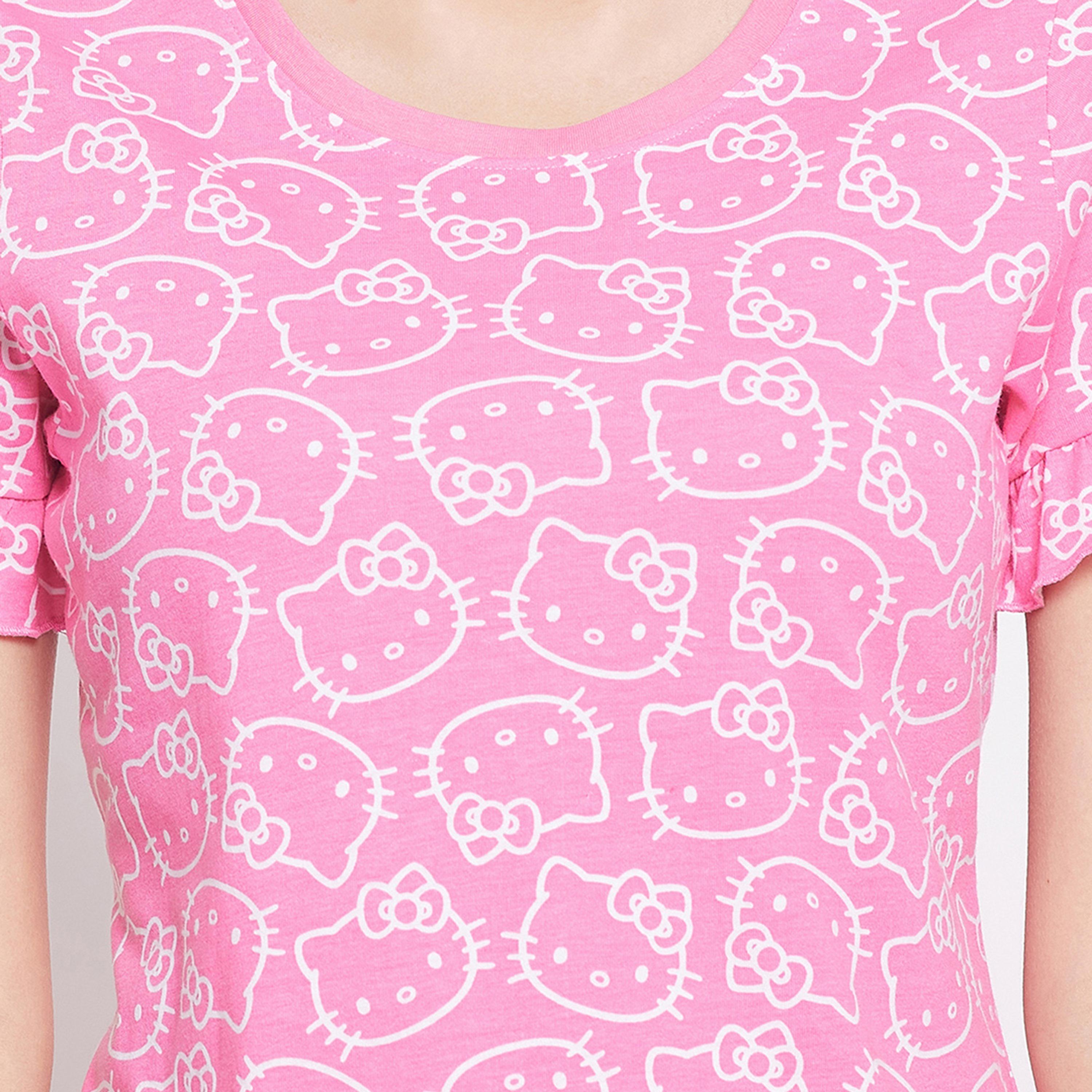 Clovia Women's Hello Kitty Print Top & Solid Shorts Set in Pink - Pure Cotton-women-clothing-nightwear-pyjamas-longsets-image-6