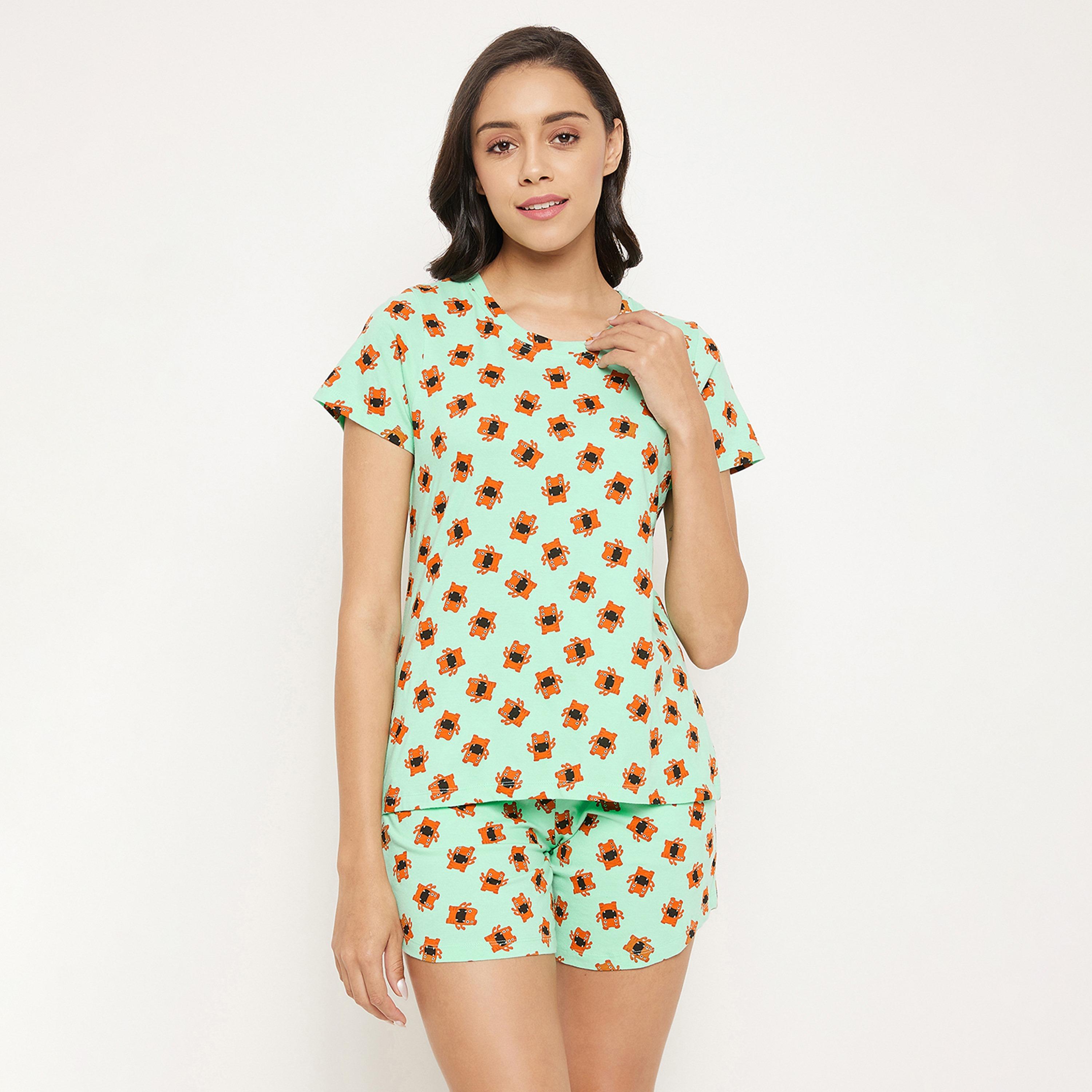 طقم بلوزة وشورت نسائي بطبعة Emoji باللون الأخضر النعناعي - قطن 100٪-women-clothing-nightwear-pyjamas-longsets-image-1