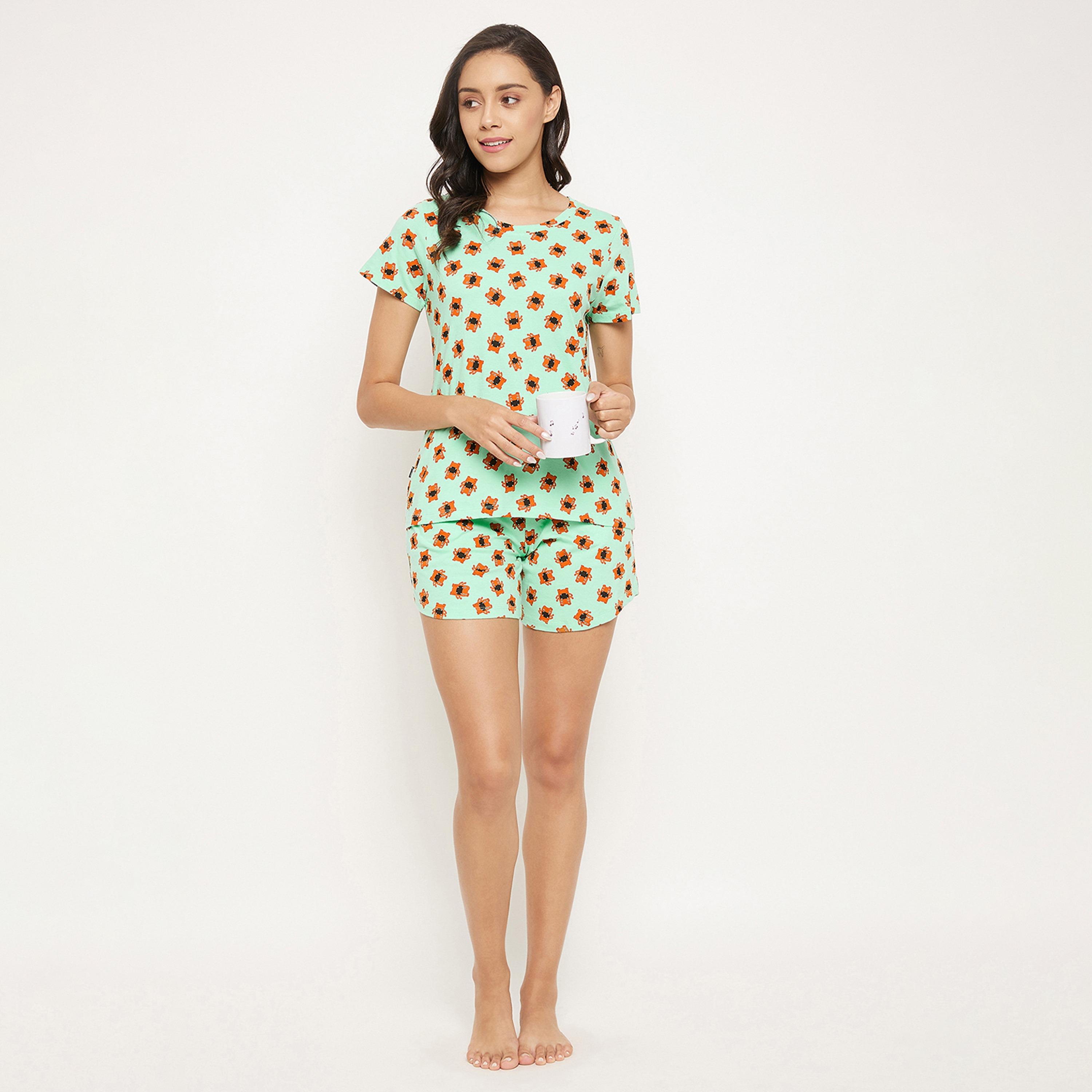 طقم بلوزة وشورت نسائي بطبعة Emoji باللون الأخضر النعناعي - قطن 100٪-women-clothing-nightwear-pyjamas-longsets-image-2
