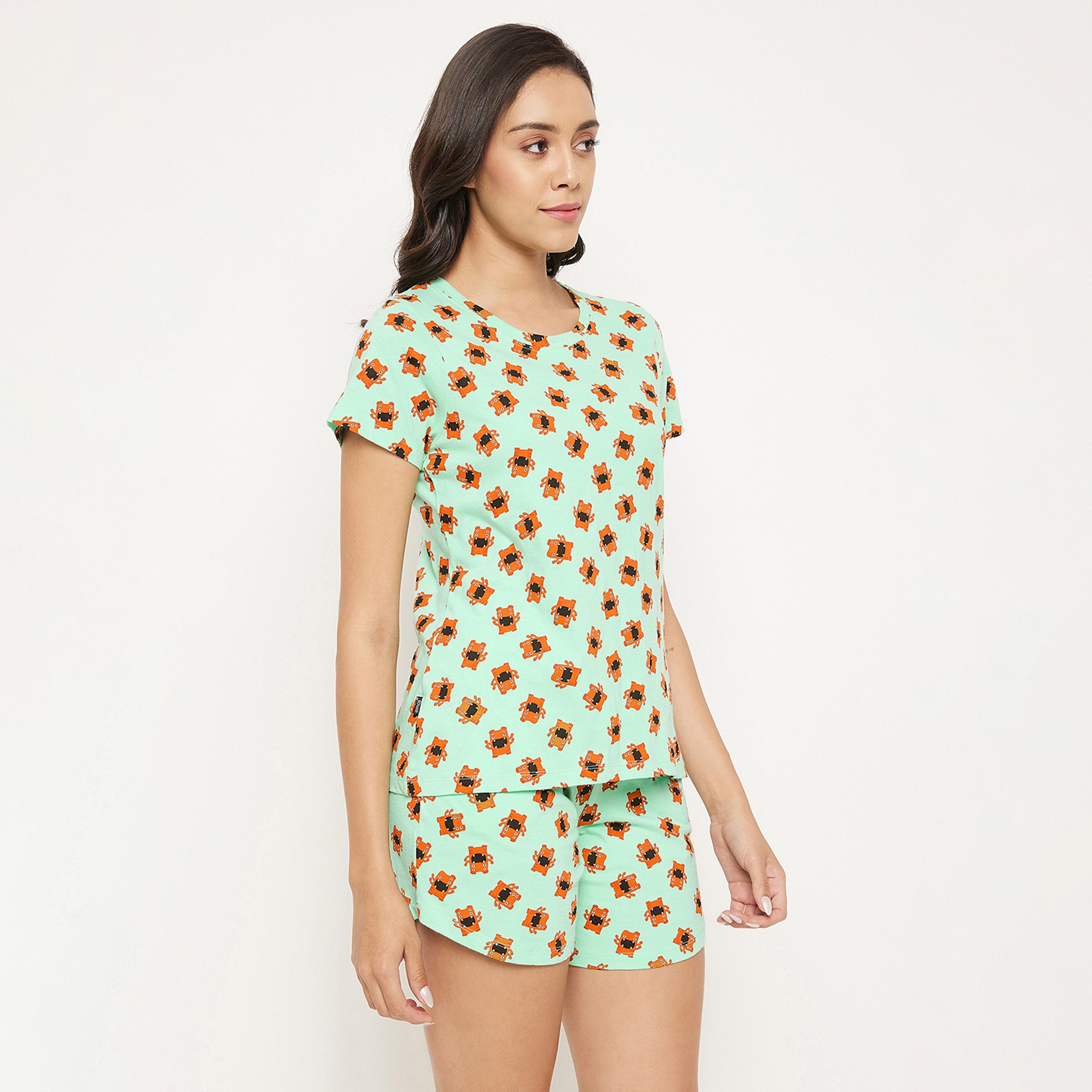 طقم بلوزة وشورت نسائي بطبعة Emoji باللون الأخضر النعناعي - قطن 100٪-women-clothing-nightwear-pyjamas-longsets-image-4