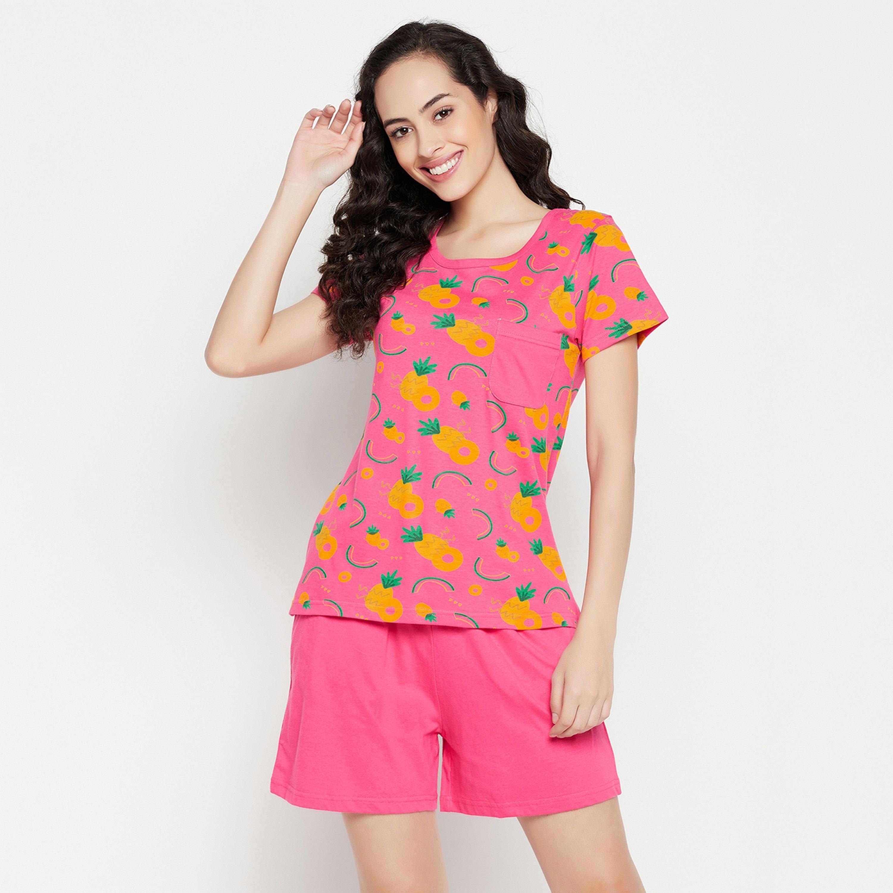 Clovia Women's Tutti Fruity Top & Chic Basic Shorts Set in Hot Pink - Pure Cotton-women-clothing-nightwear-pyjamas-longsets-image-1