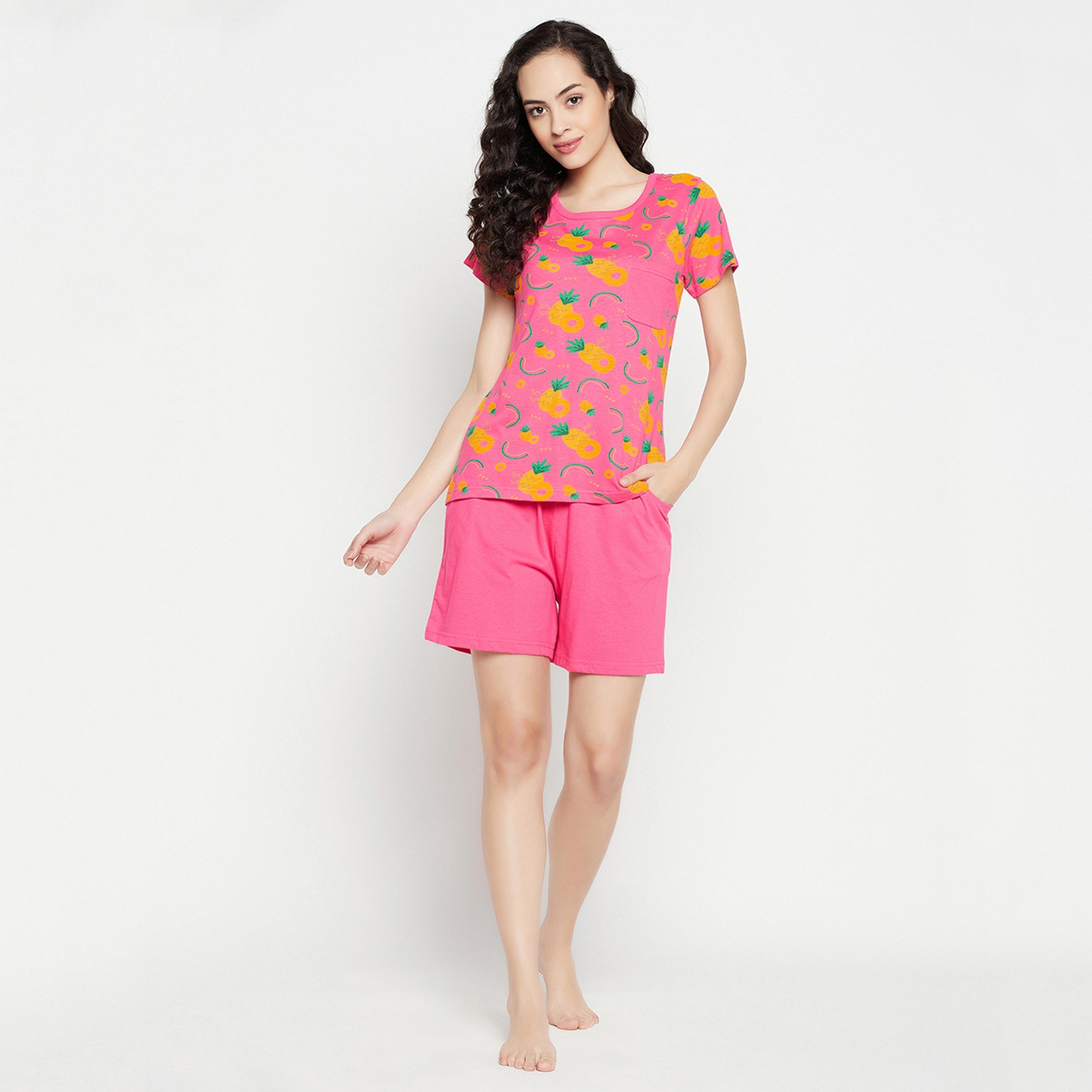 Clovia Women's Tutti Fruity Top & Chic Basic Shorts Set in Hot Pink - Pure Cotton-women-clothing-nightwear-pyjamas-longsets-image-2