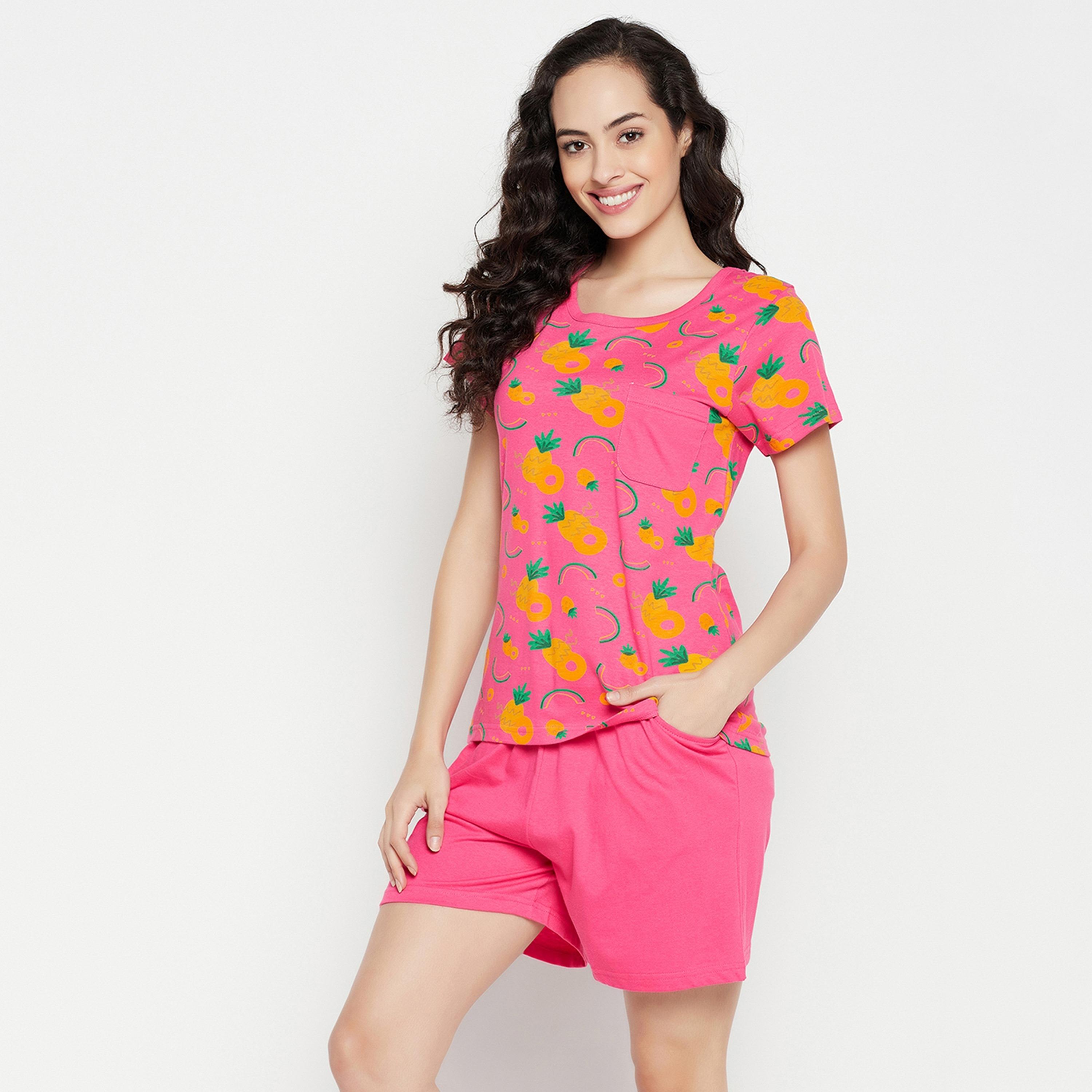 Clovia Women's Tutti Fruity Top & Chic Basic Shorts Set in Hot Pink - Pure Cotton-women-clothing-nightwear-pyjamas-longsets-image-3
