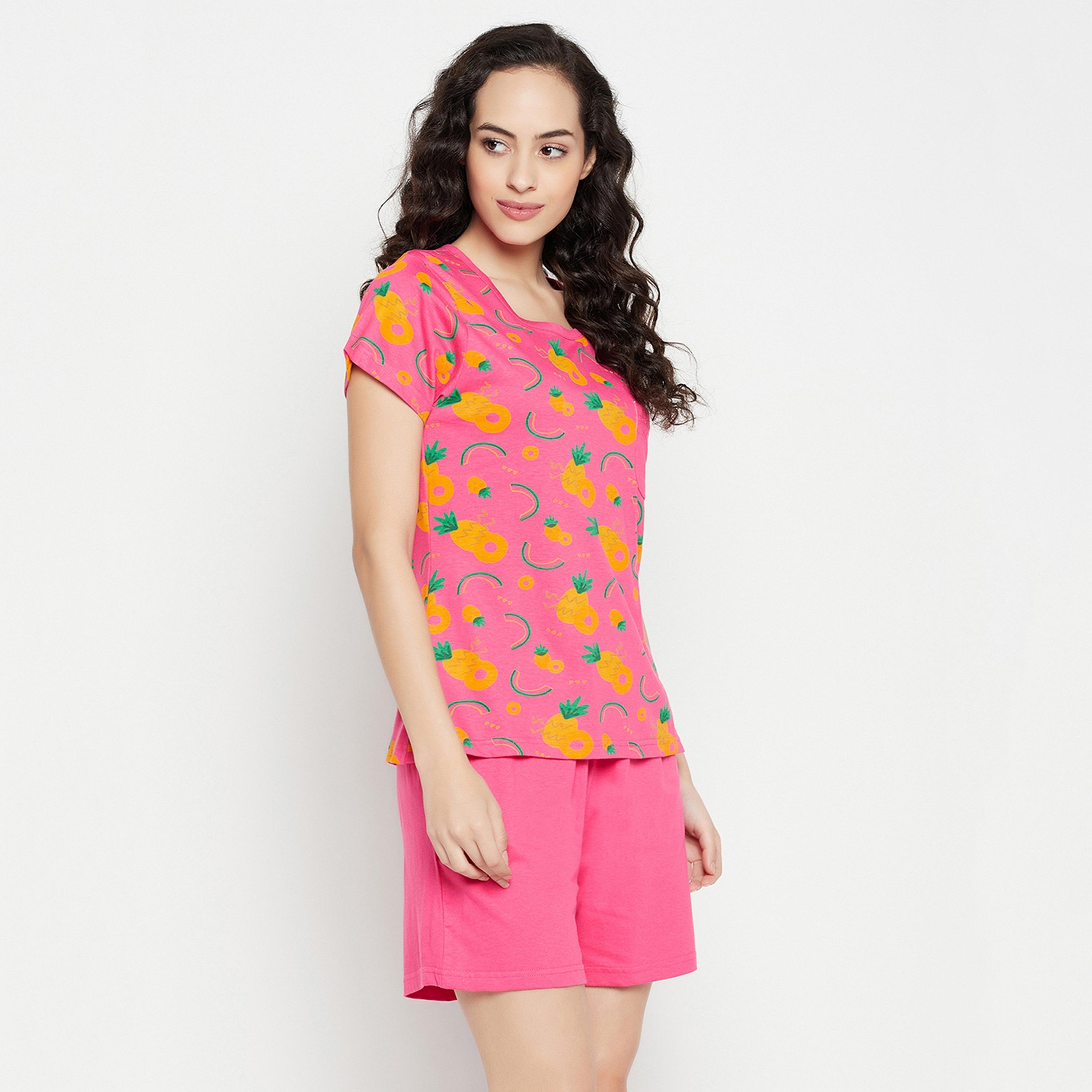 Clovia Women's Tutti Fruity Top & Chic Basic Shorts Set in Hot Pink - Pure Cotton-women-clothing-nightwear-pyjamas-longsets-image-4