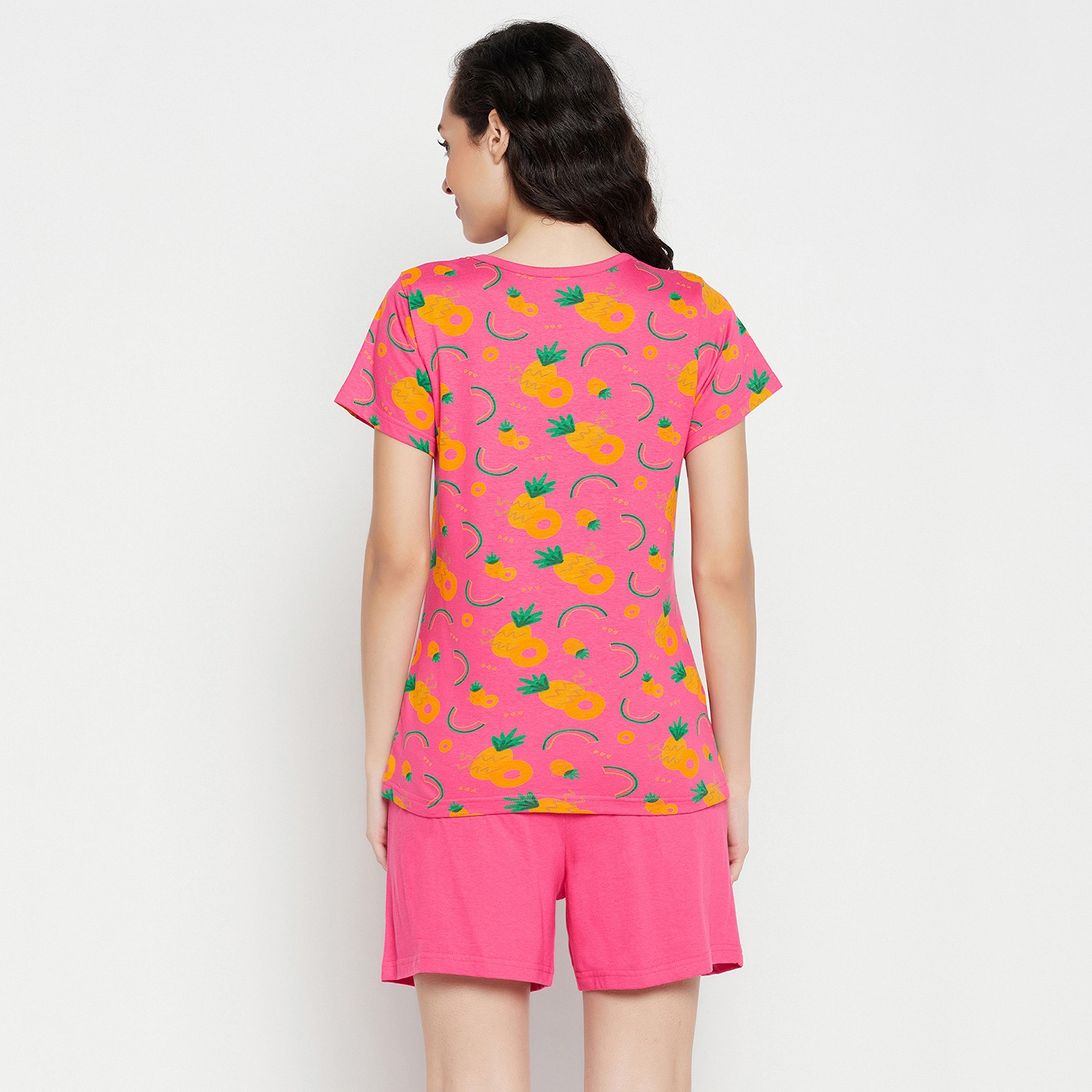 Clovia Women's Tutti Fruity Top & Chic Basic Shorts Set in Hot Pink - Pure Cotton-women-clothing-nightwear-pyjamas-longsets-image-5
