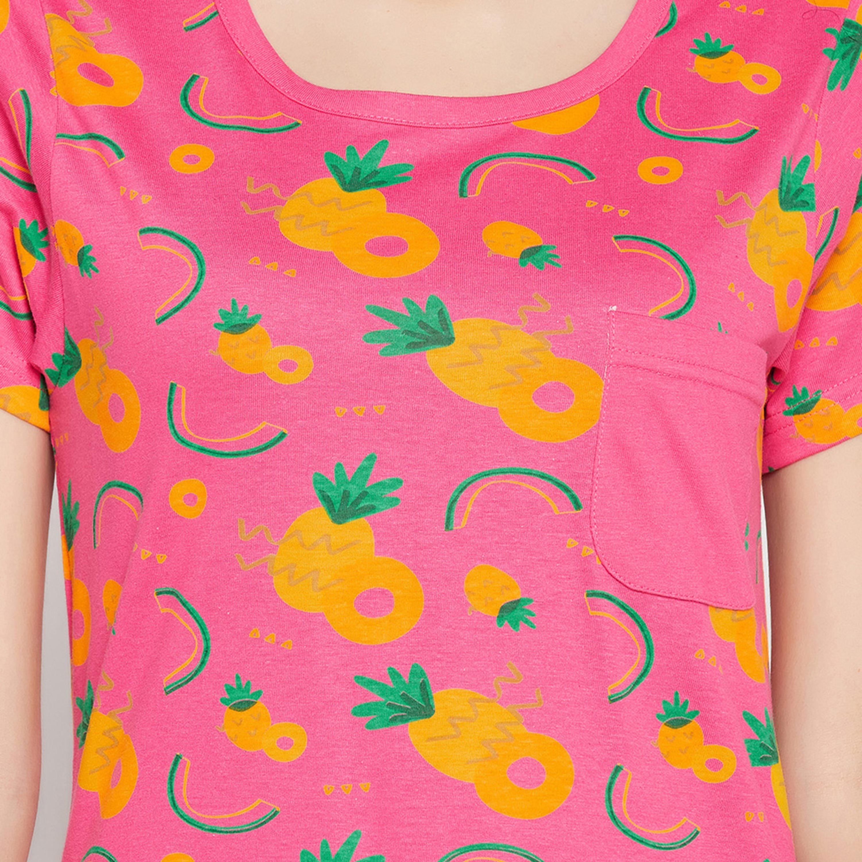 Clovia Women's Tutti Fruity Top & Chic Basic Shorts Set in Hot Pink - Pure Cotton-women-clothing-nightwear-pyjamas-longsets-image-6