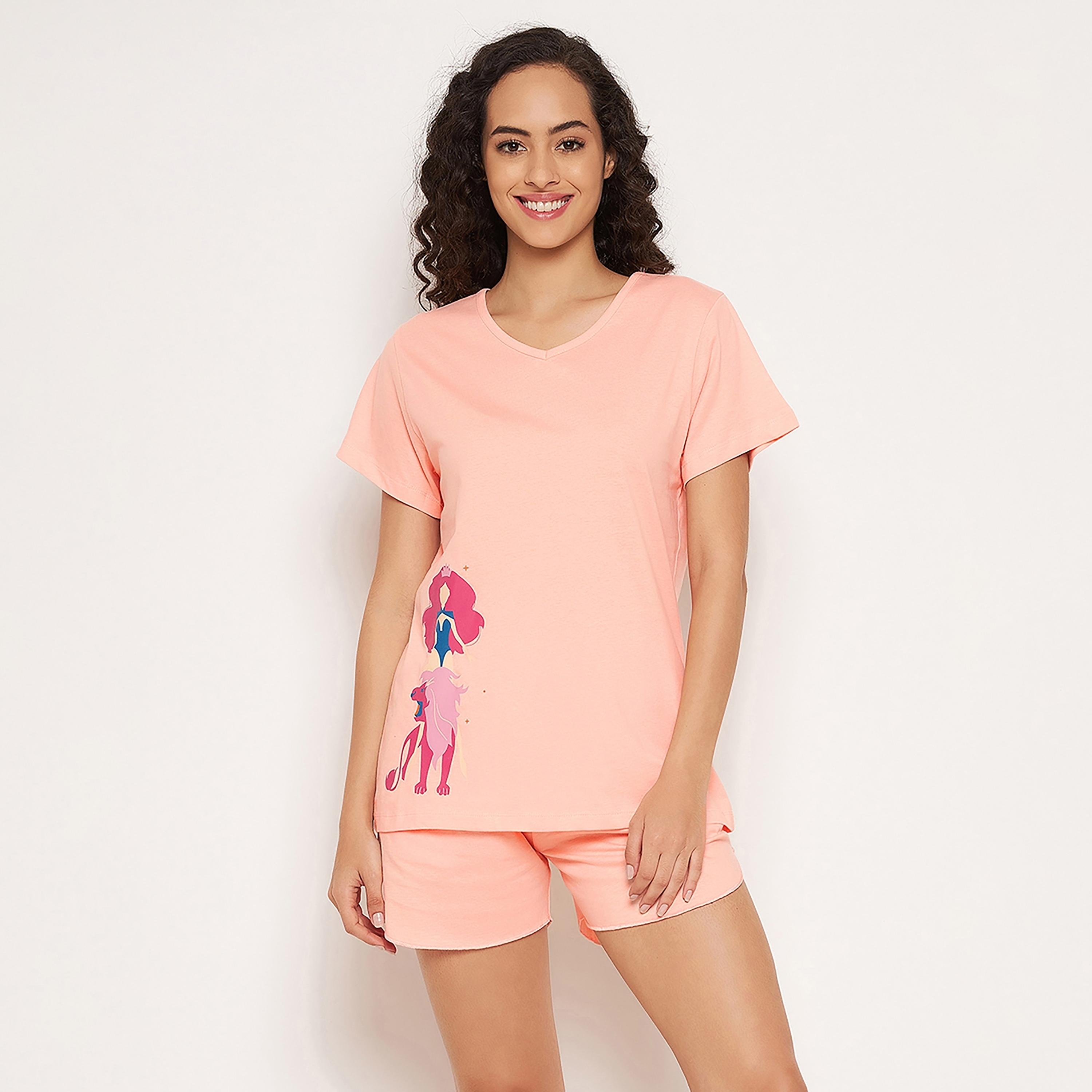 Clovia Set of Graphic V-Neck T-Shirt with Shorts-women-clothing-nightwear-pyjamas-longsets-image-2