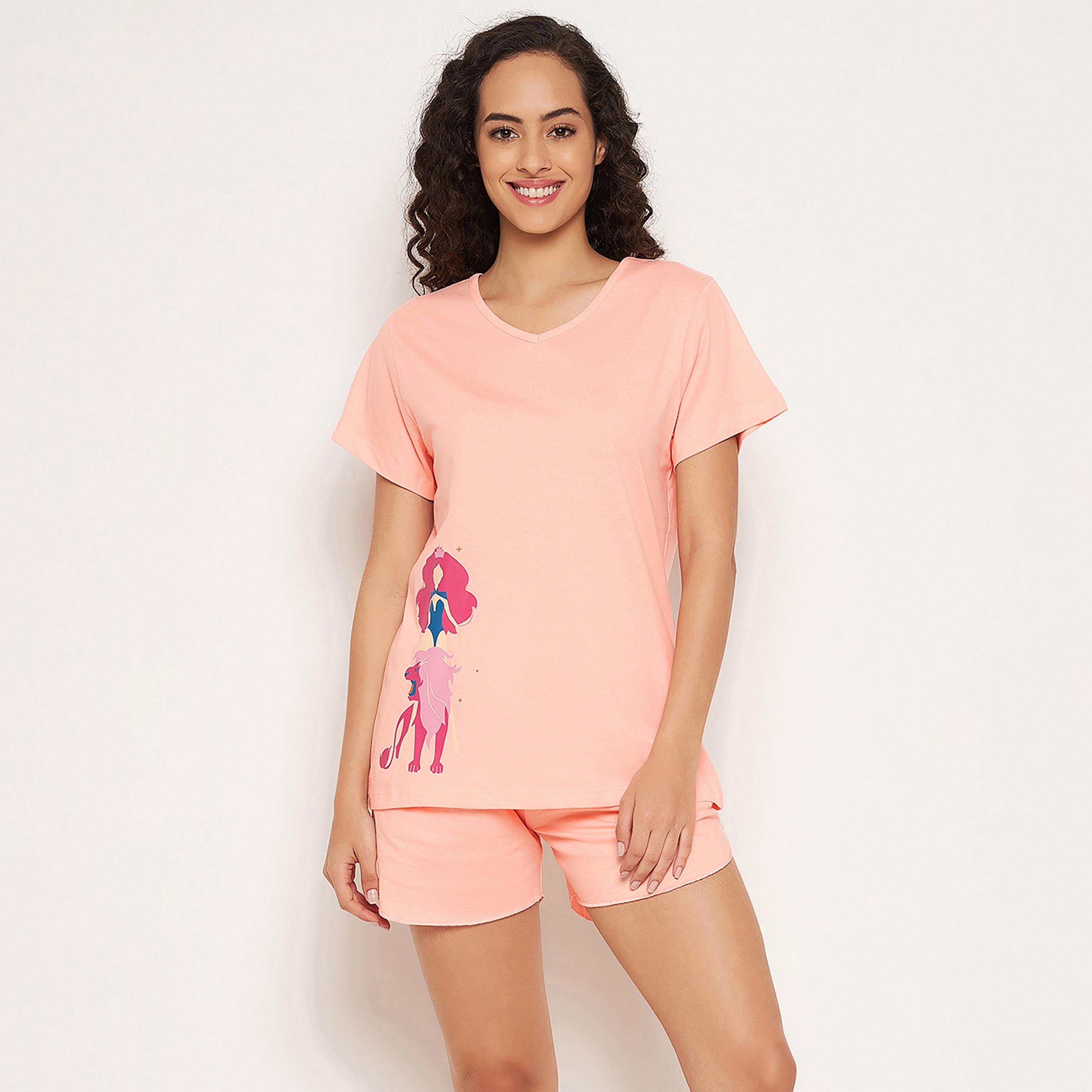 Clovia Set of Graphic V-Neck T-Shirt with Shorts-women-clothing-nightwear-pyjamas-longsets-image-1
