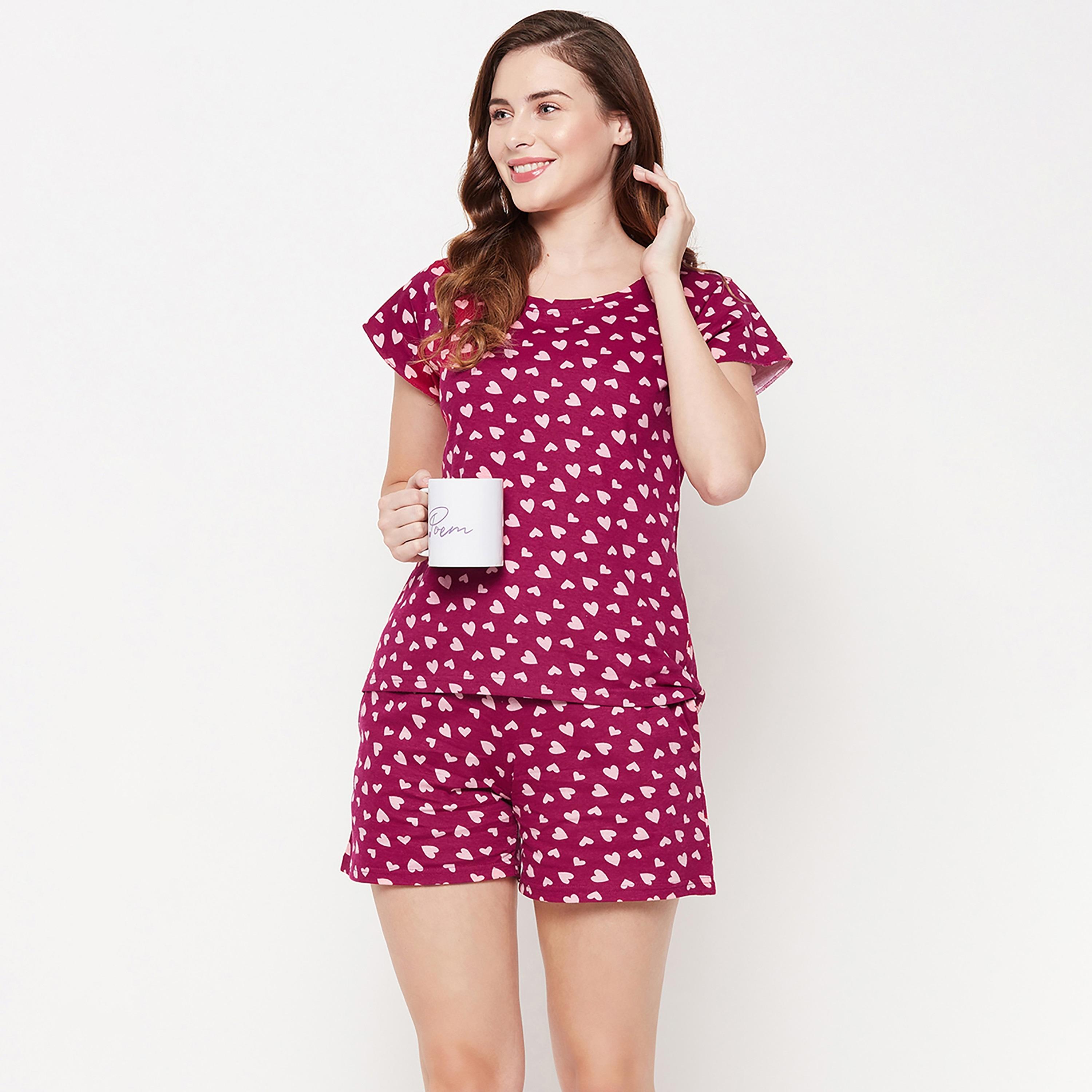 Clovia Set of Printed Round Neck Top with Shorts-women-clothing-nightwear-pyjamas-longsets-image-1