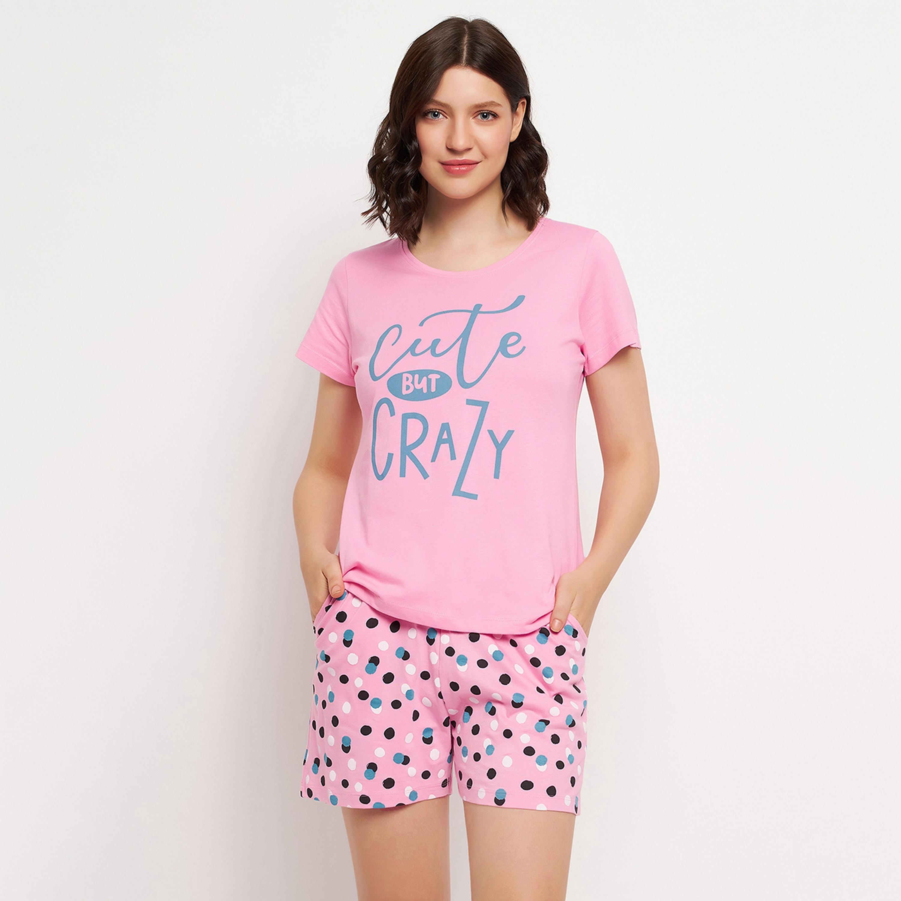 Clovia Women's Print Me Pretty Top & Shorts Set in Pink - Pure Cotton-women-clothing-nightwear-pyjamas-longsets-image-1