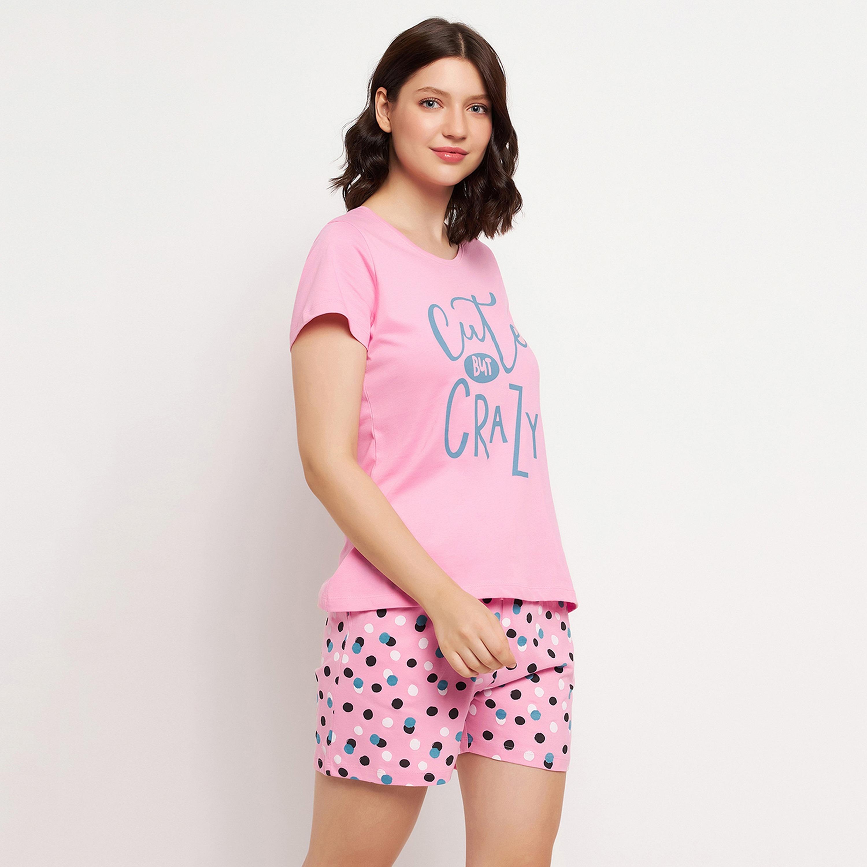 Clovia Women's Print Me Pretty Top & Shorts Set in Pink - Pure Cotton-women-clothing-nightwear-pyjamas-longsets-image-4