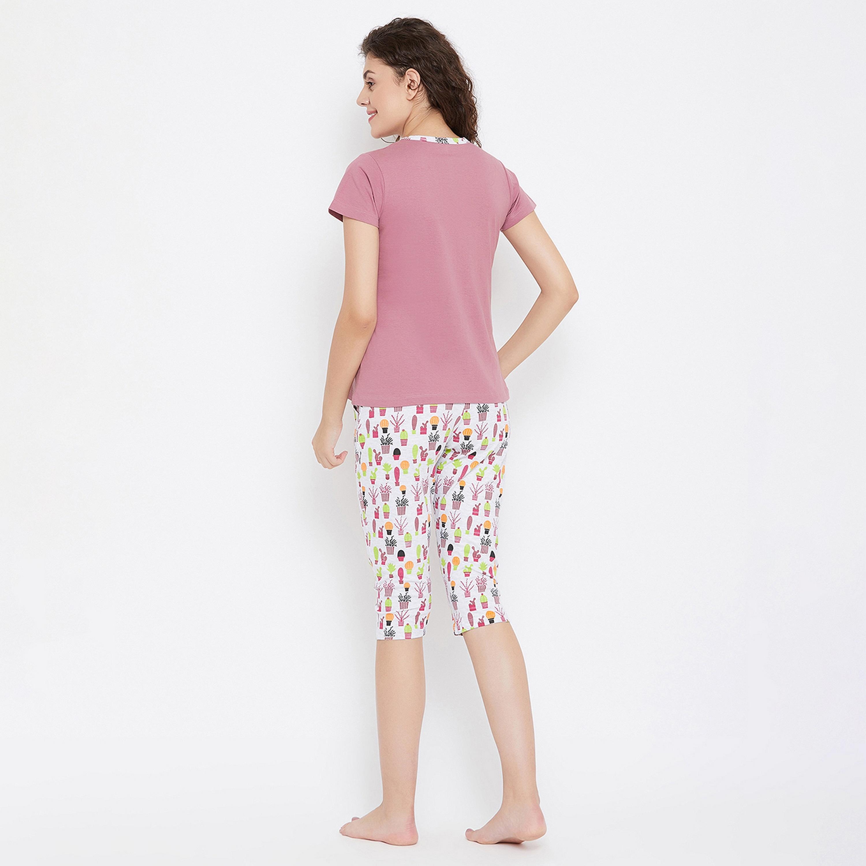 Clovia Women's Cool Cactus Top & Capri Set in Purple Pure Cotton-women-clothing-nightwear-pyjamas-longsets-image-4