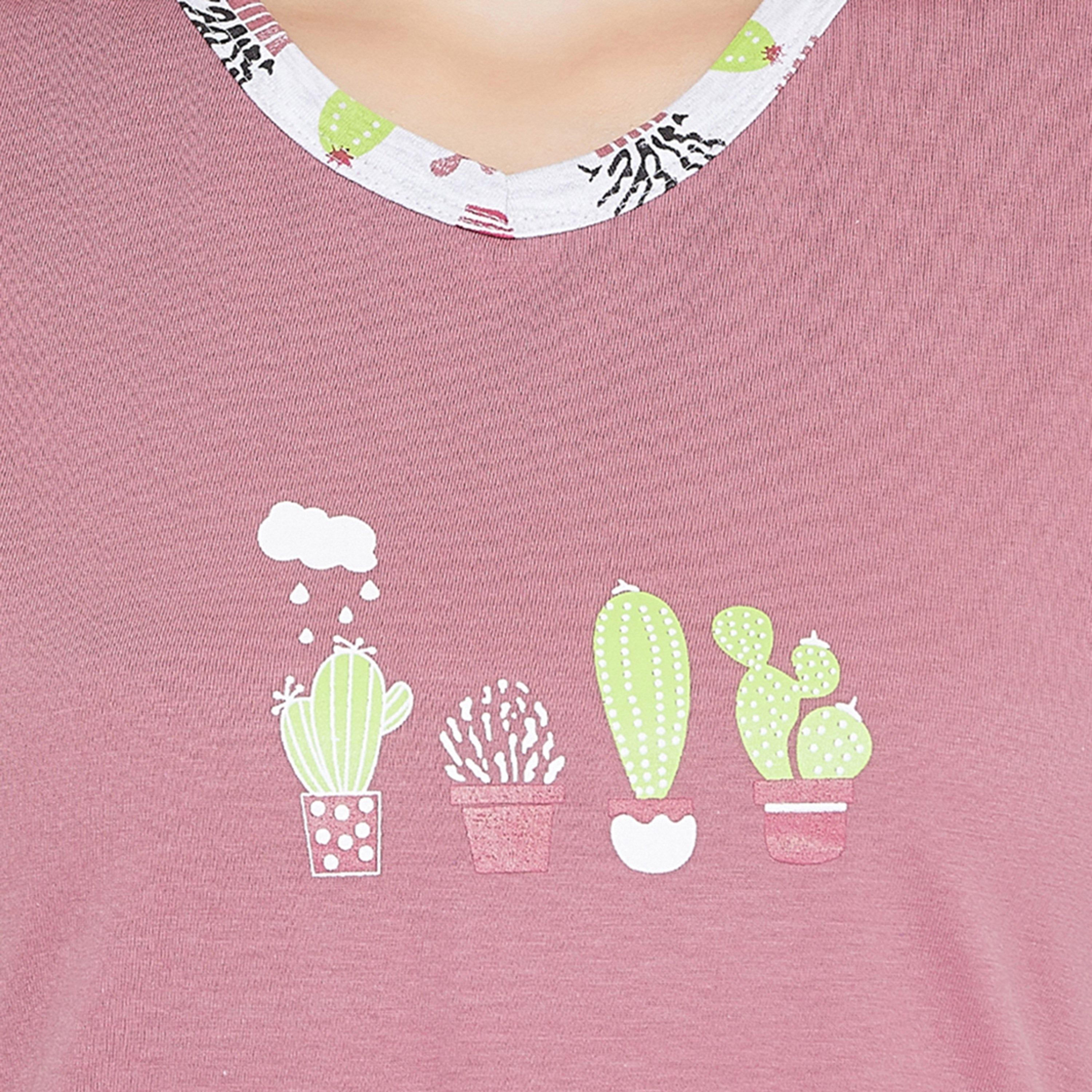 Clovia Women's Cool Cactus Top & Capri Set in Purple Pure Cotton-women-clothing-nightwear-pyjamas-longsets-image-5