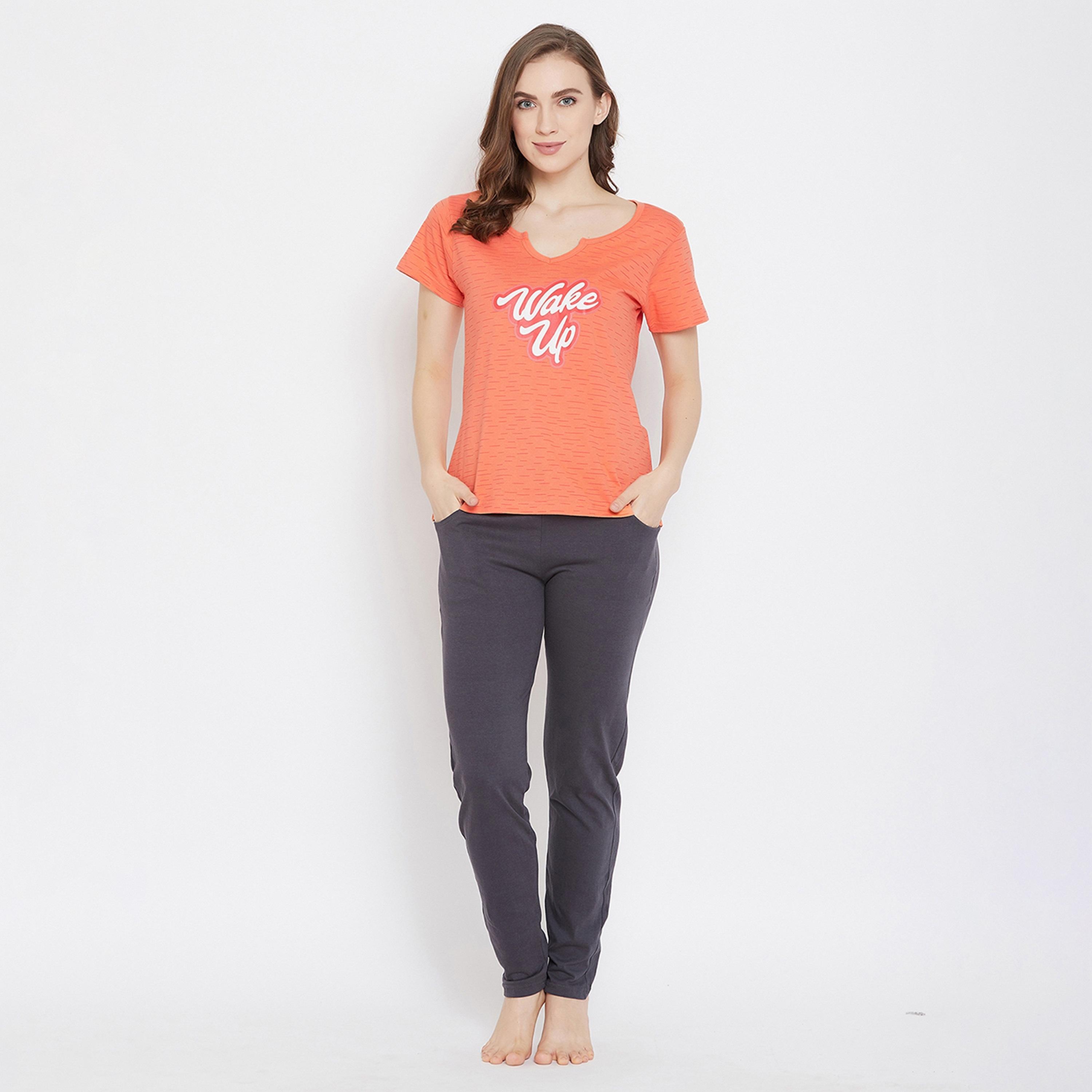 Clovia Women's Lazy Lounge Top & Pyjama in Orange & Grey - Pure Cotton-women-clothing-nightwear-pyjamas-longsets-image-1