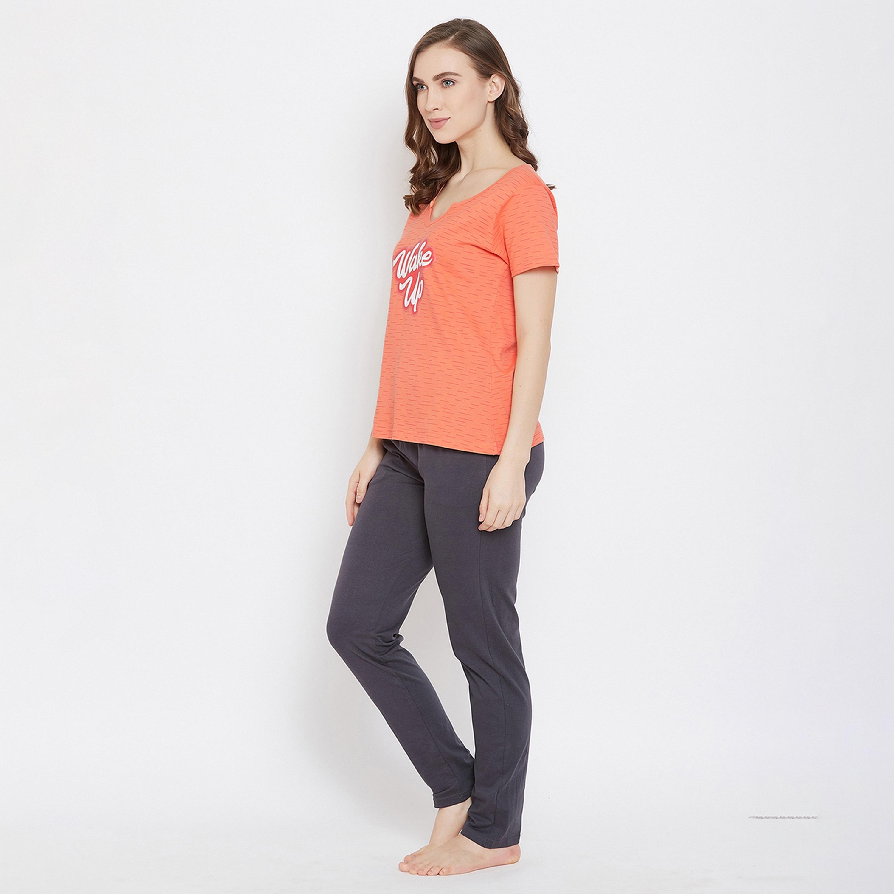Clovia Women's Lazy Lounge Top & Pyjama in Orange & Grey - Pure Cotton-women-clothing-nightwear-pyjamas-longsets-image-2