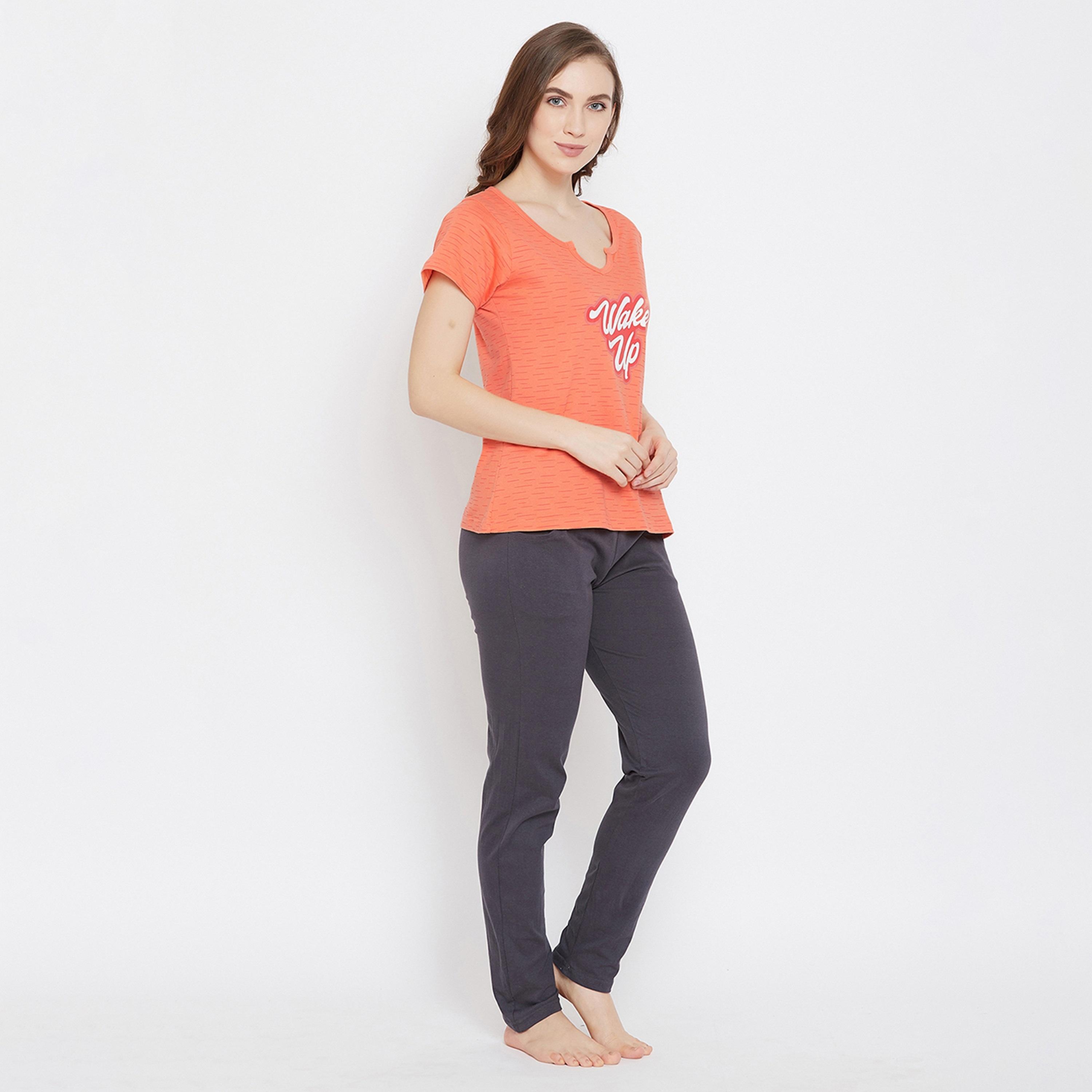 Clovia Women's Lazy Lounge Top & Pyjama in Orange & Grey - Pure Cotton-women-clothing-nightwear-pyjamas-longsets-image-3