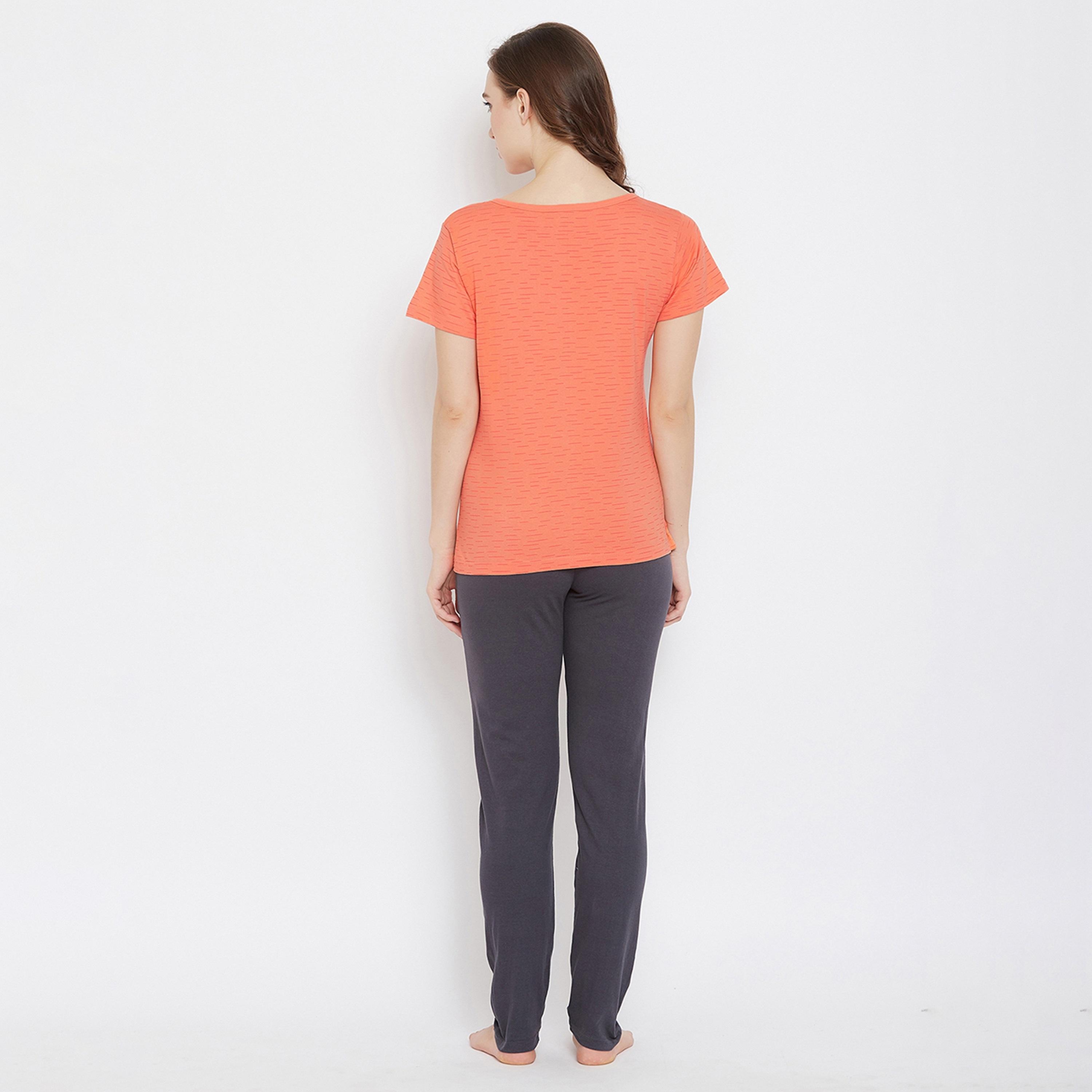 Clovia Women's Lazy Lounge Top & Pyjama in Orange & Grey - Pure Cotton-women-clothing-nightwear-pyjamas-longsets-image-4