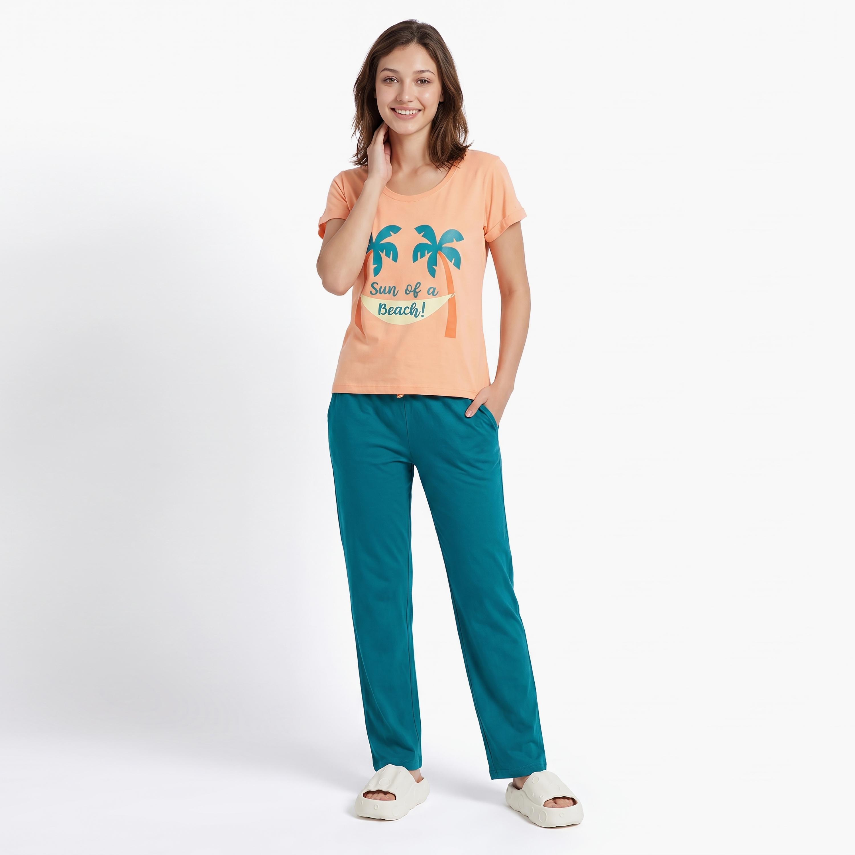 Clovia Graphic Print Women's Top & Chic Basic Pyjama Set in Orange Colour - Cotton-women-clothing-nightwear-pyjamas-longsets-image-1