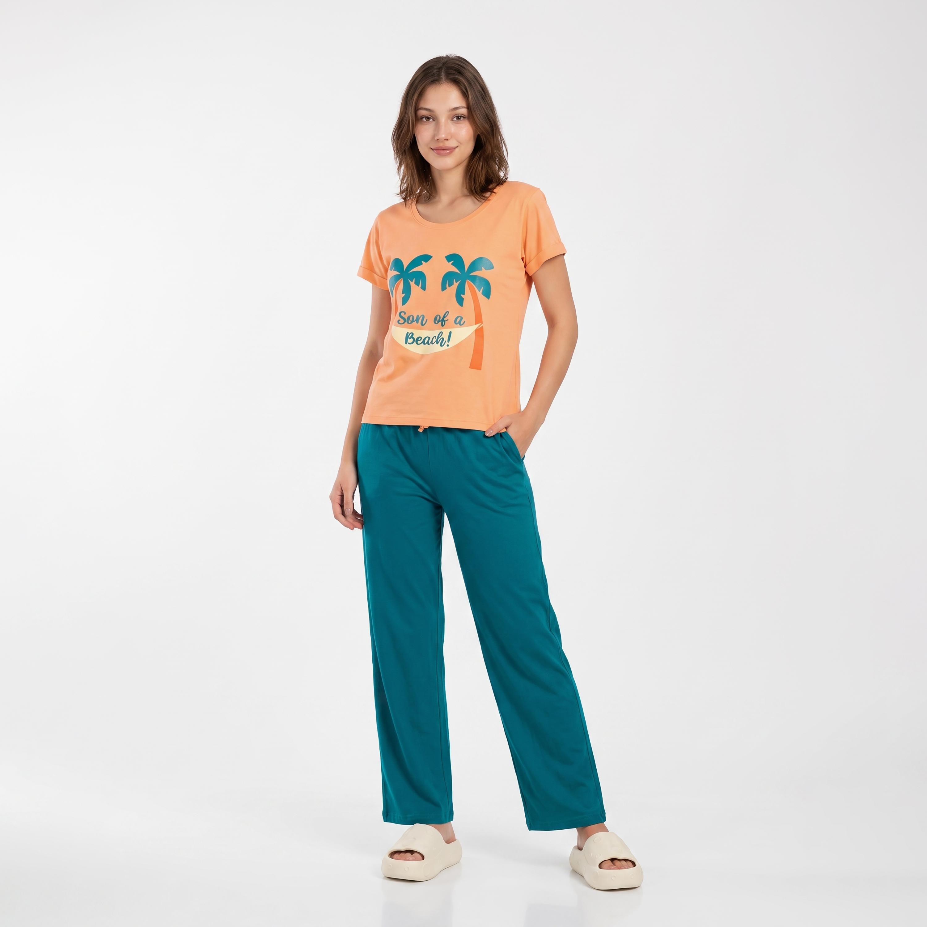 Clovia Graphic Print Women's Top & Chic Basic Pyjama Set in Orange Colour - Cotton-women-clothing-nightwear-pyjamas-longsets-image-2