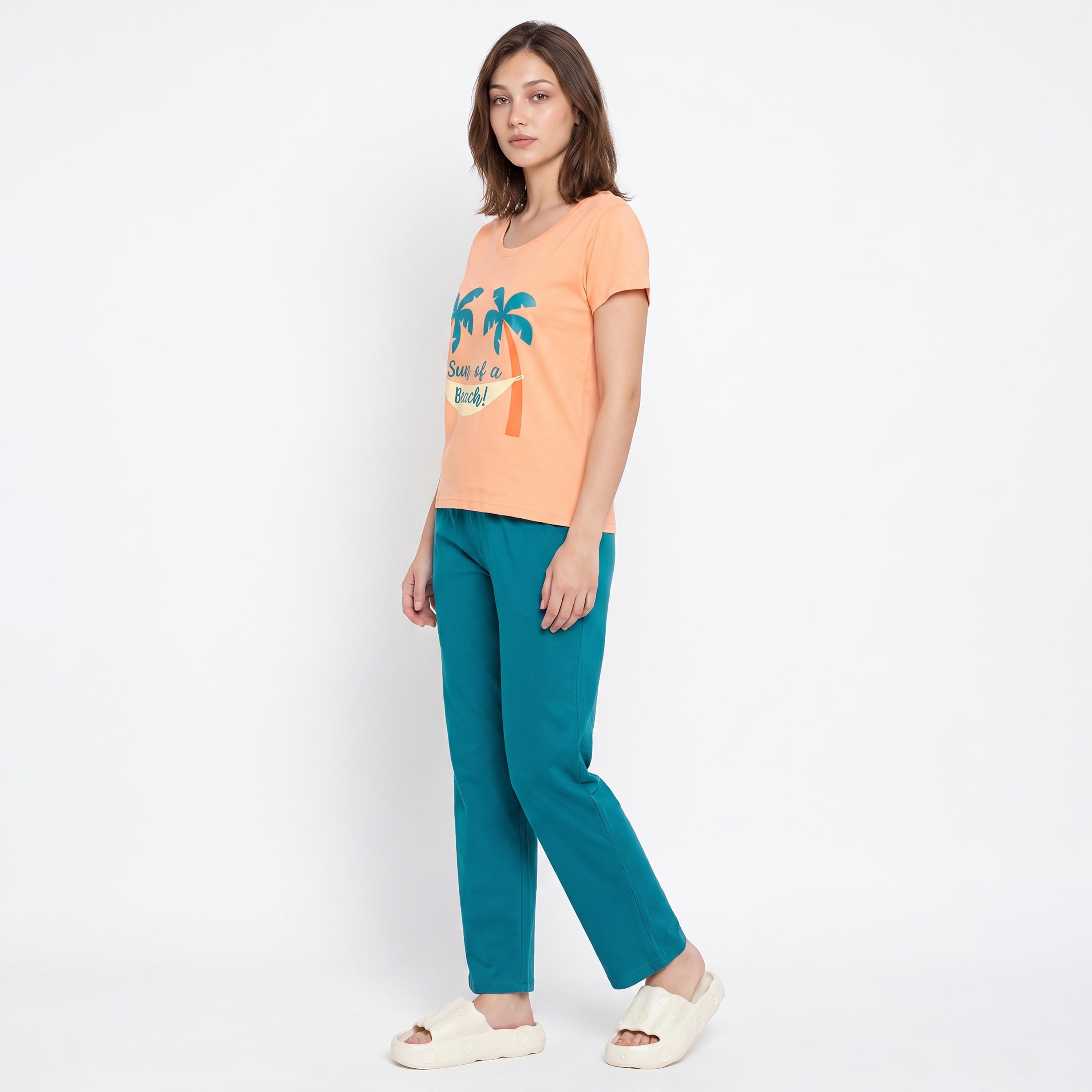 Clovia Graphic Print Women's Top & Chic Basic Pyjama Set in Orange Colour - Cotton-women-clothing-nightwear-pyjamas-longsets-image-3