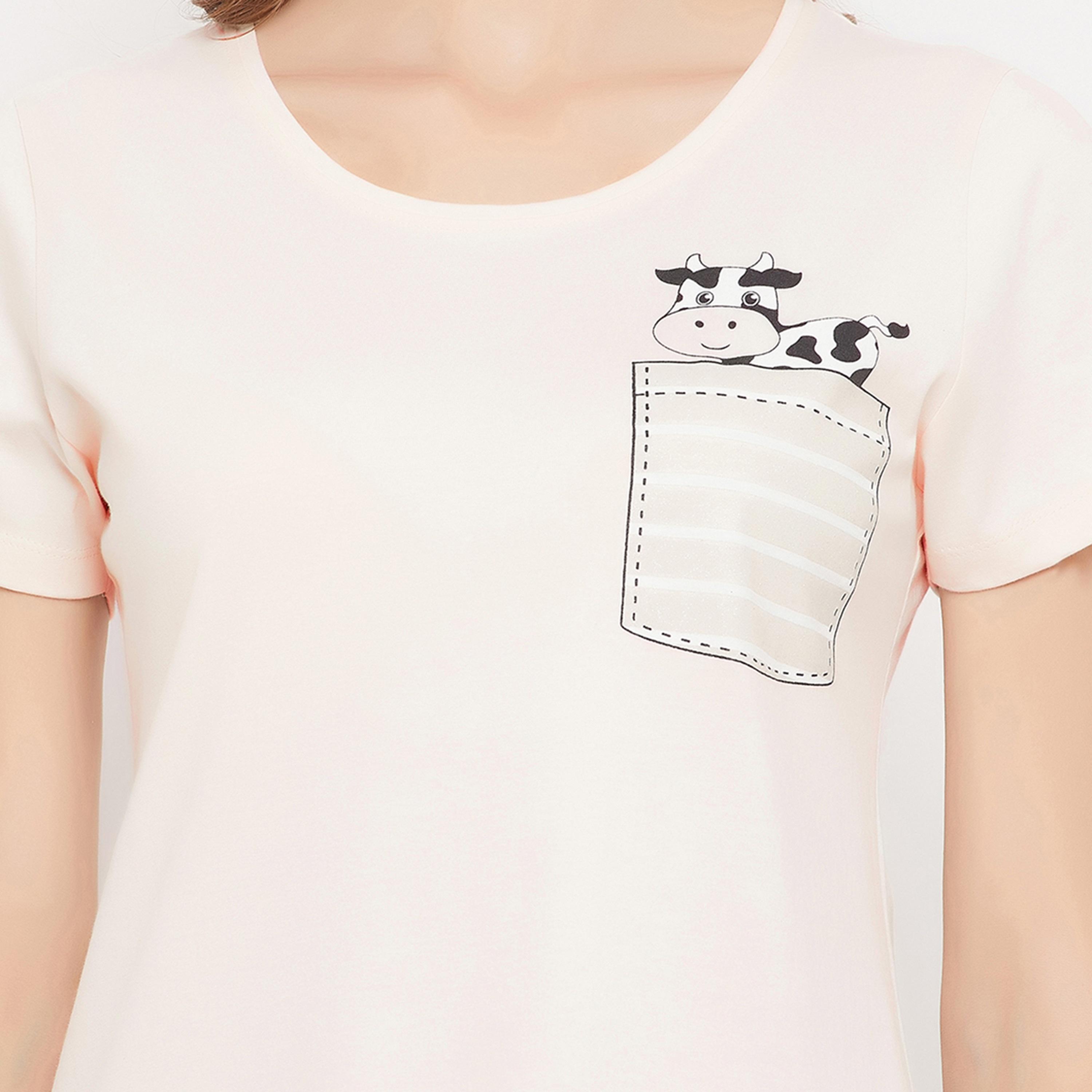 Clovia Women's Cow Print Top & Chic Basic Shorts Set in Off-White - Pure Cotton-women-clothing-nightwear-pyjamas-longsets-image-6