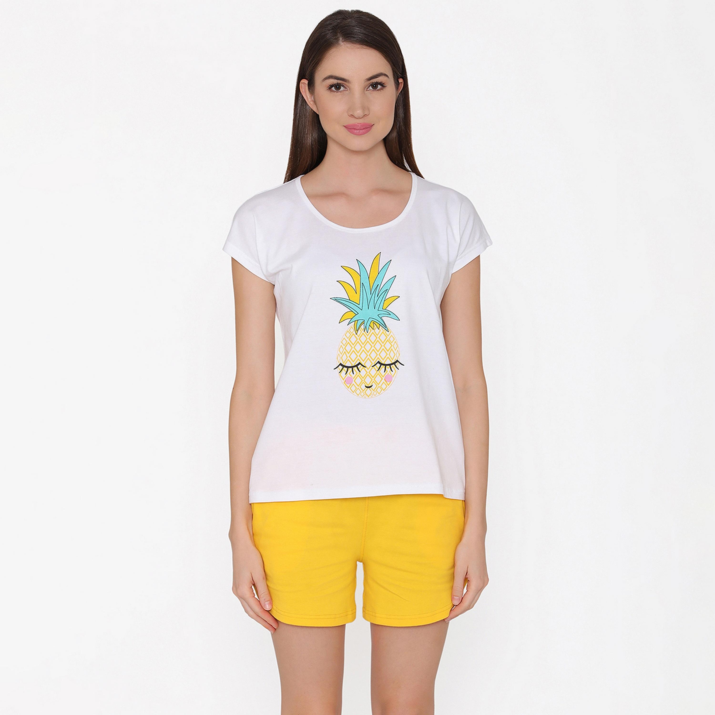 Clovia Women's Pineapple Print Top & Shorts in White & Yellow - Cotton-women-clothing-nightwear-pyjamas-longsets-image-1